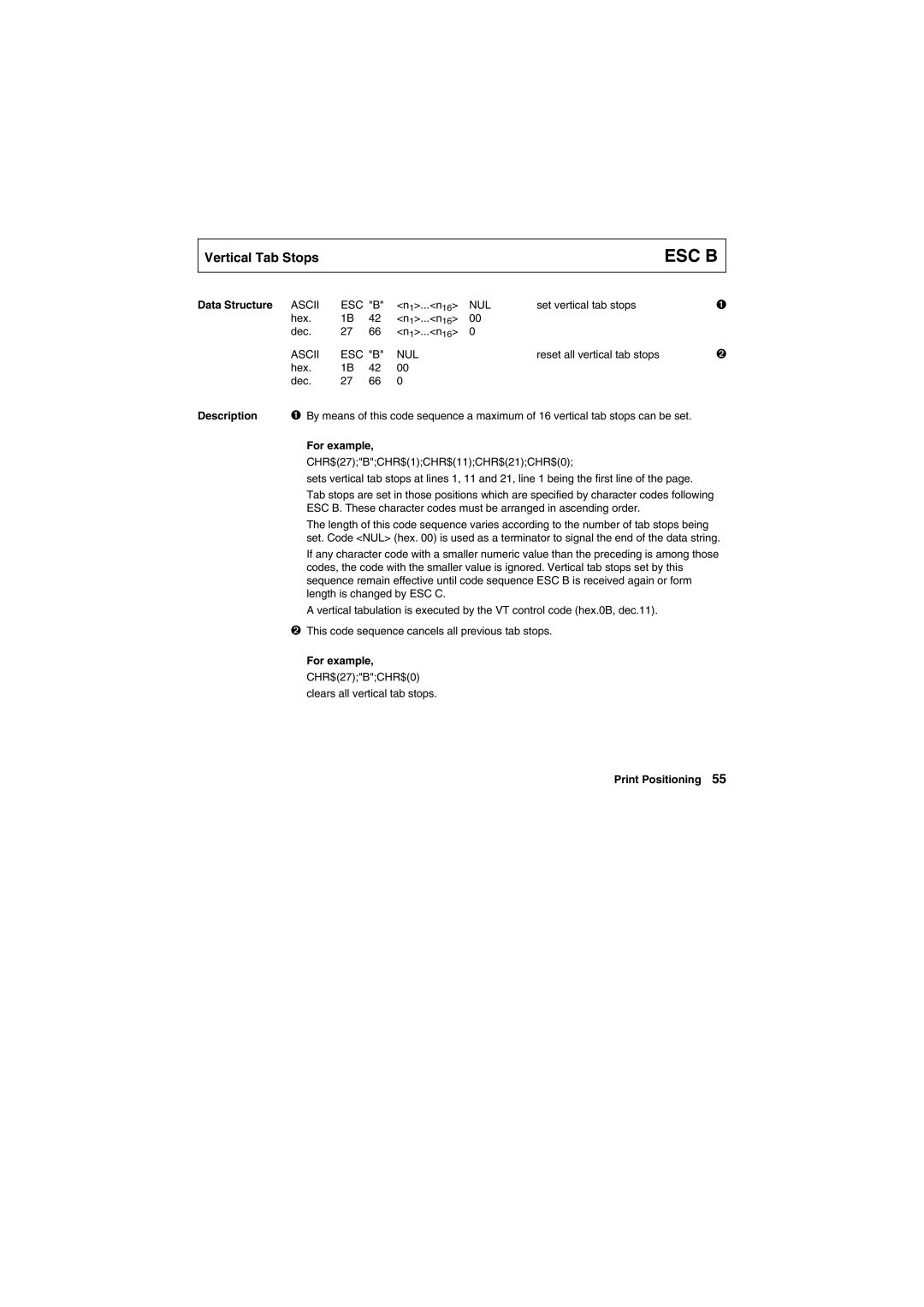 Tally Genicom Matrix Printer manual Esc B, Ascii ESC B NUL 