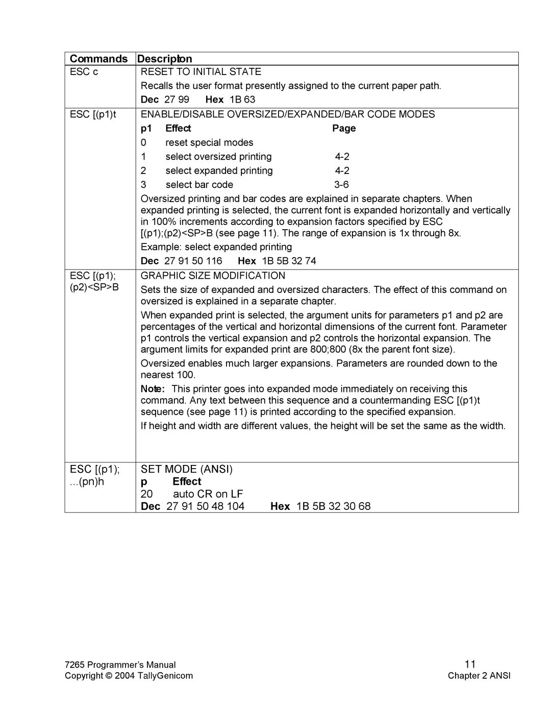 Tally Genicom Matrix Printer manual Reset to Initial State, ENABLE/DISABLE OVERSIZED/EXPANDED/BAR Code Modes 