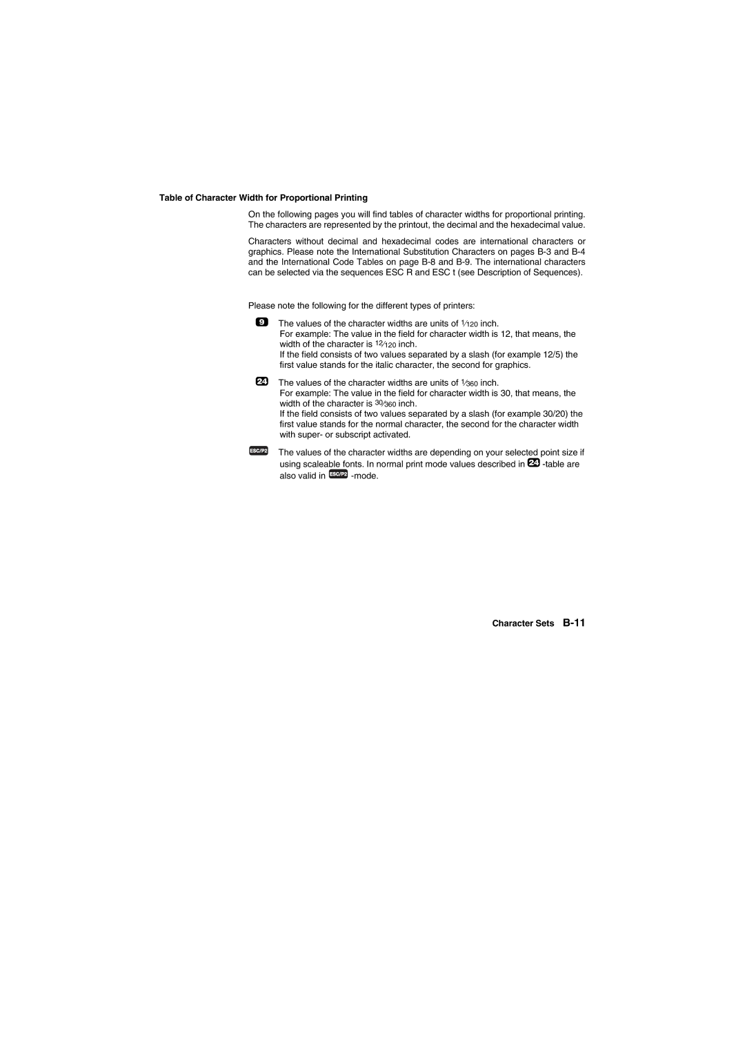 Tally Genicom Matrix Printer manual Table of Character Width for Proportional Printing, Character Sets B-11 