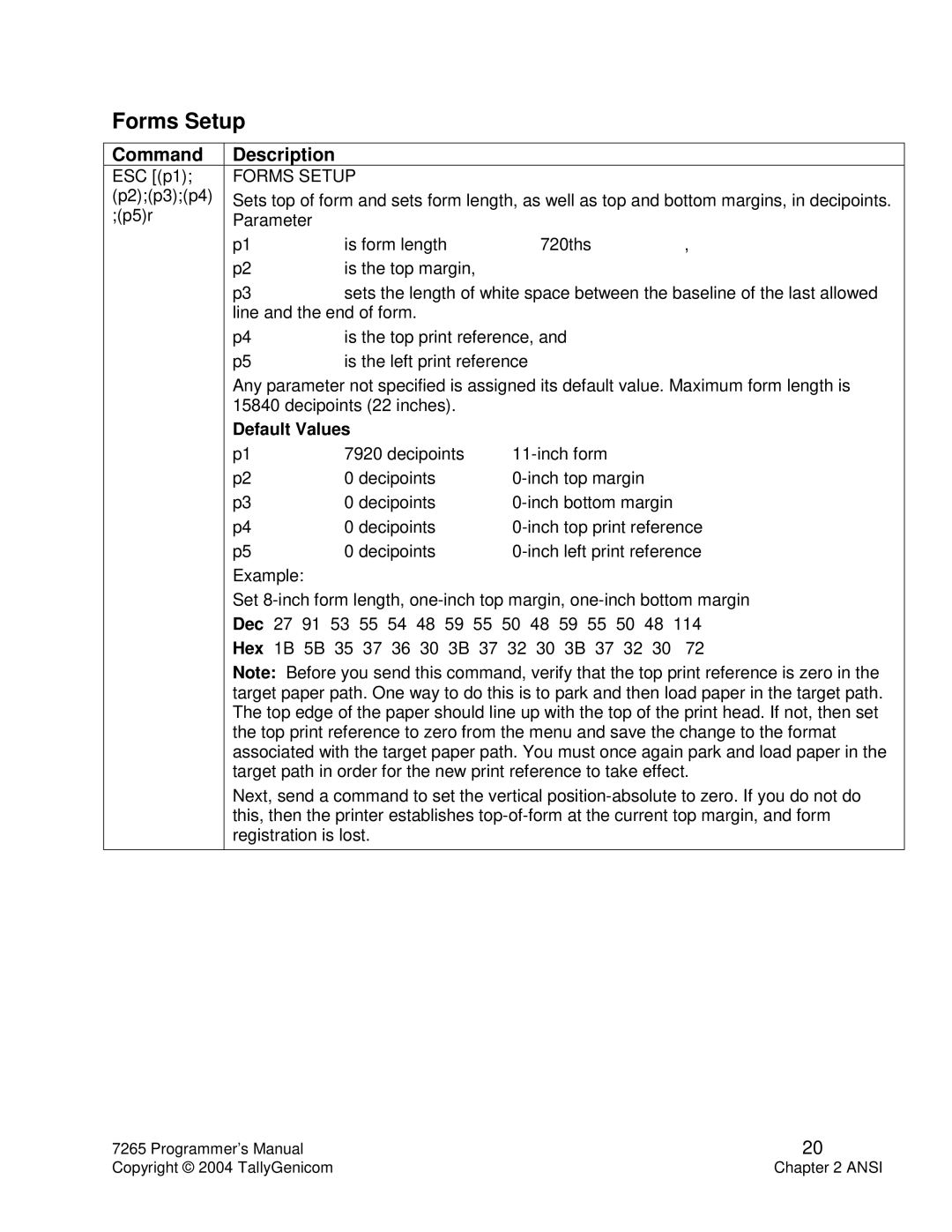 Tally Genicom Matrix Printer manual Forms Setup 