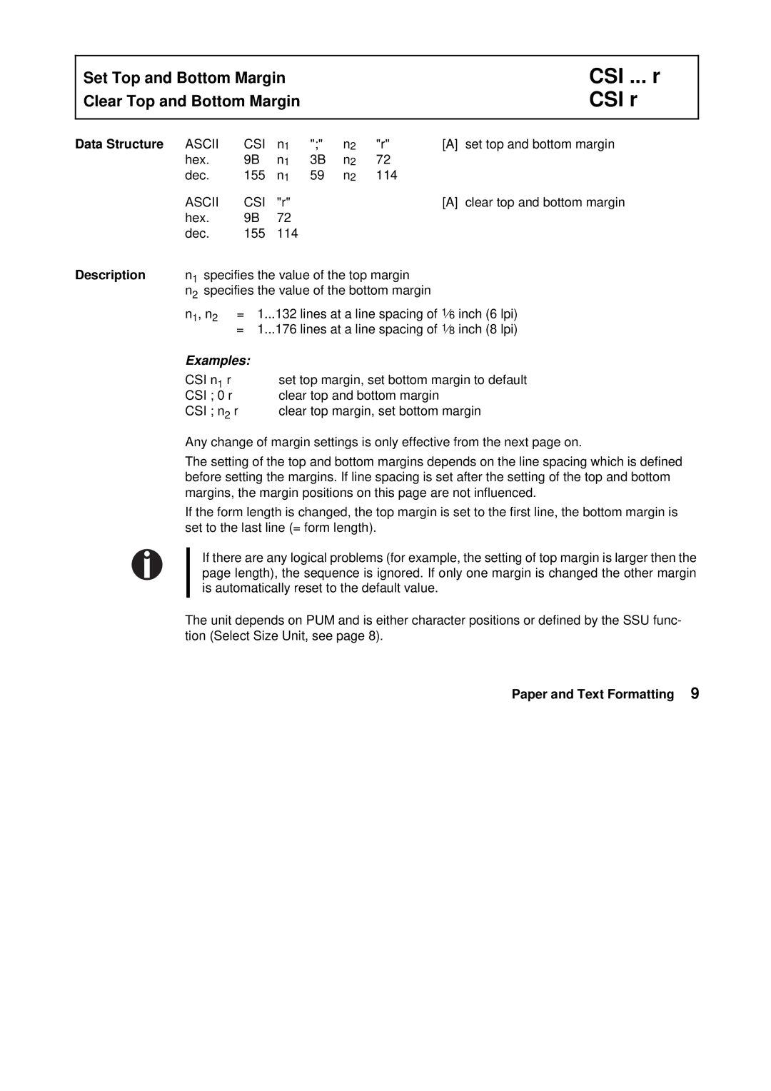 Tally Genicom Matrix Printer manual CSI ... r CSI r, Examples 