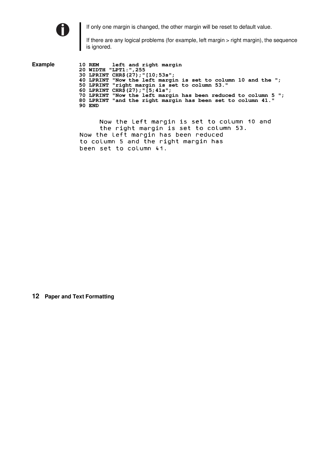 Tally Genicom Matrix Printer manual REM Left and right margin Width LPT1,255 