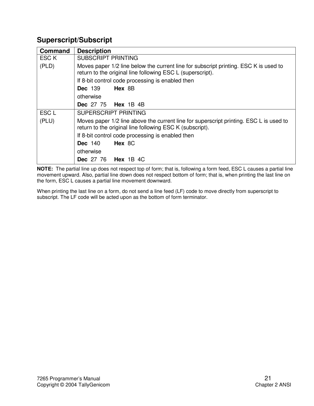 Tally Genicom Matrix Printer manual Superscript/Subscript, ESC K Subscript Printing PLD, ESC L Superscript Printing PLU 