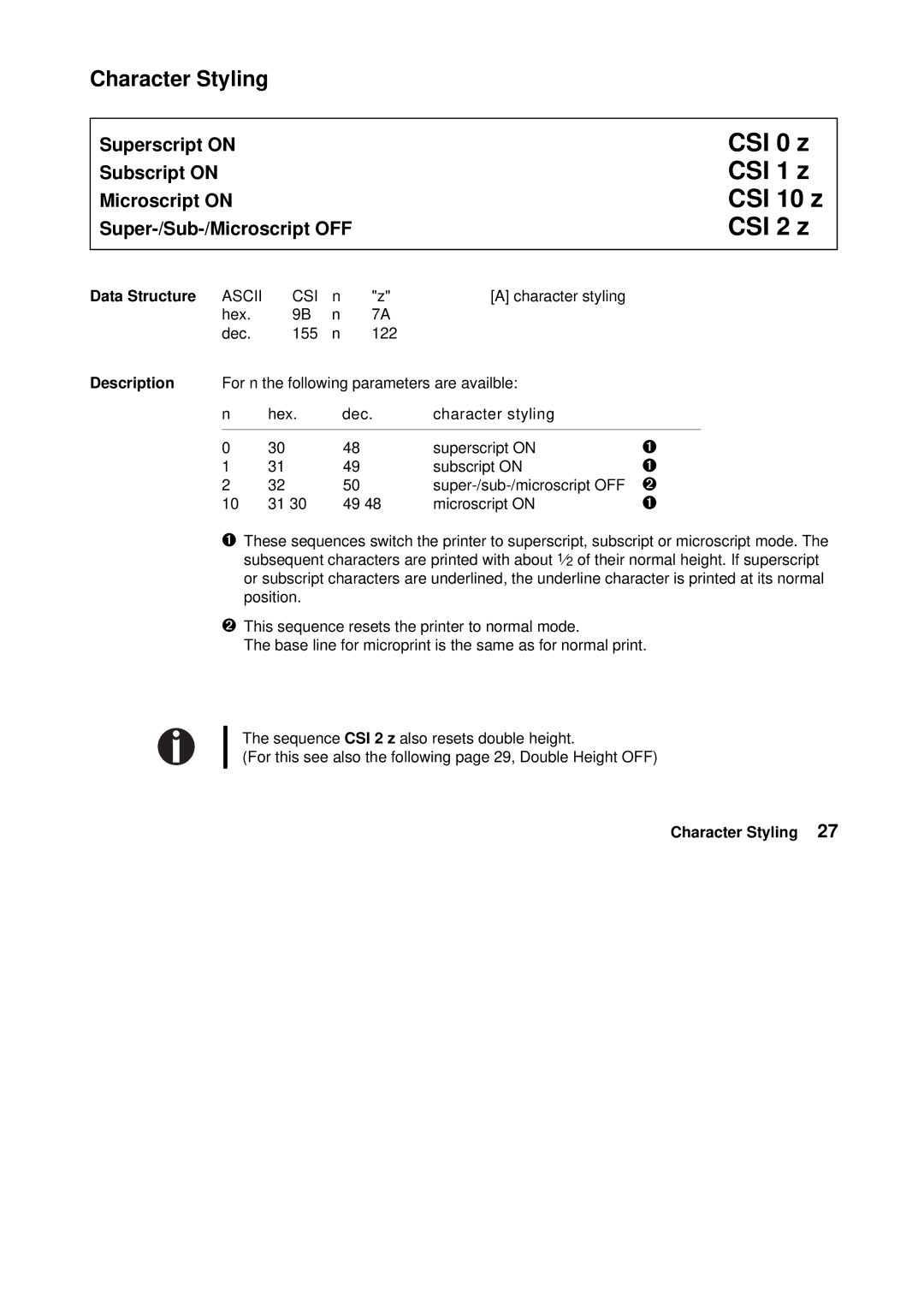 Tally Genicom Matrix Printer manual CSI 0 z CSI 1 z CSI 10 z CSI 2 z, Data Structure Ascii 