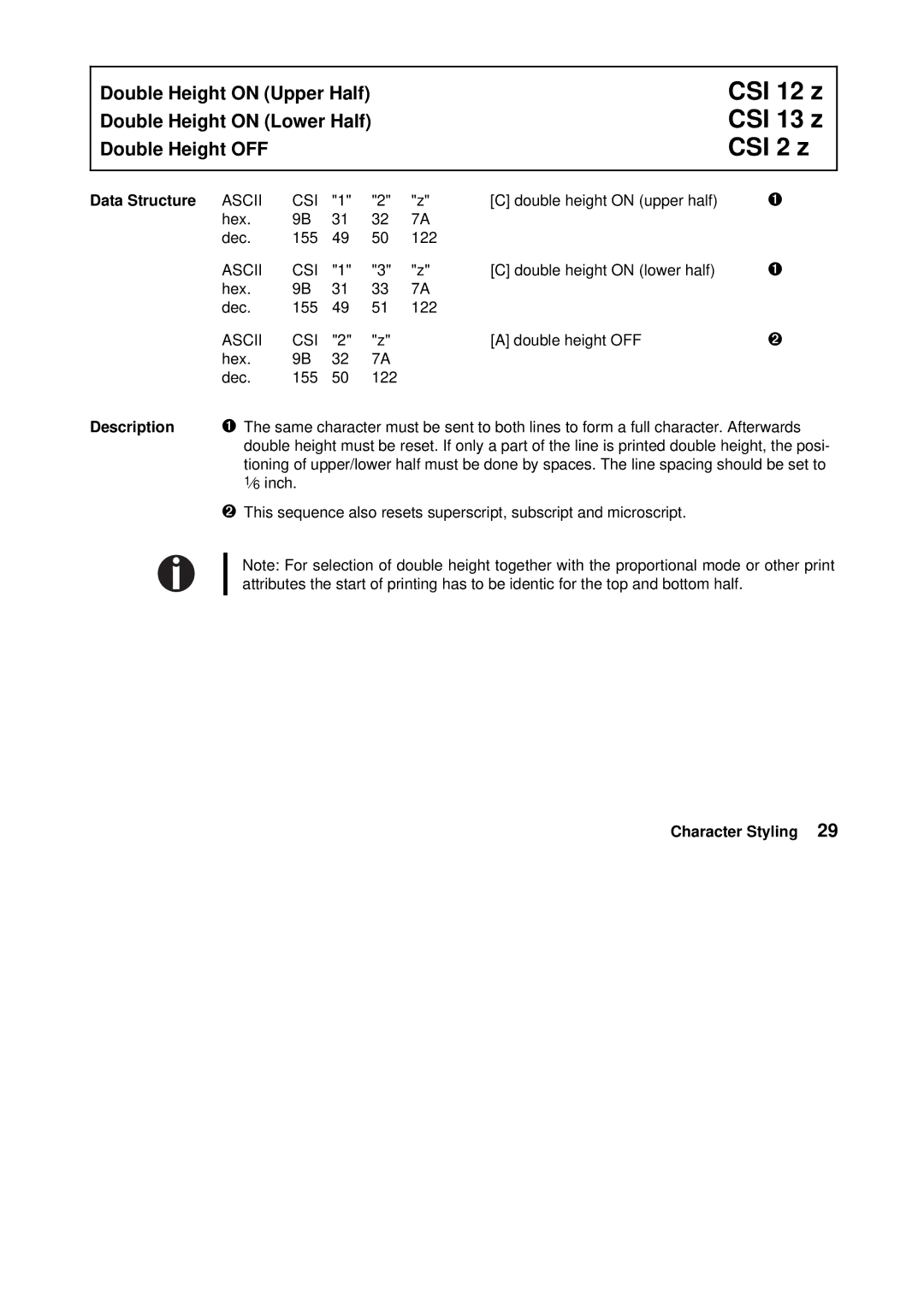 Tally Genicom Matrix Printer manual CSI 12 z CSI 13 z CSI 2 z, Ascii CSI 