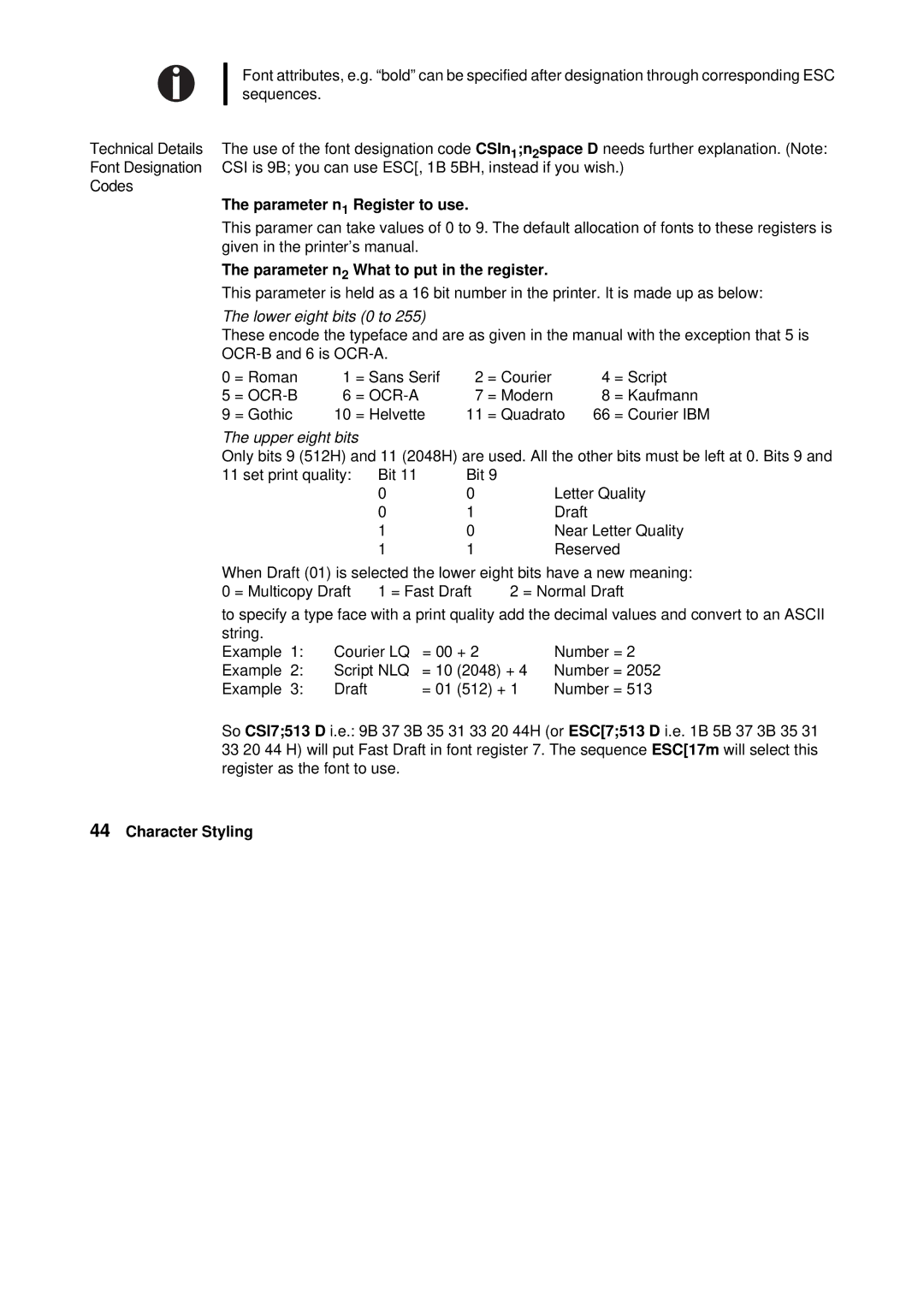 Tally Genicom Matrix Printer manual Parameter n1 Register to use, Parameter n2 What to put in the register, = Ocr-B = Ocr-A 