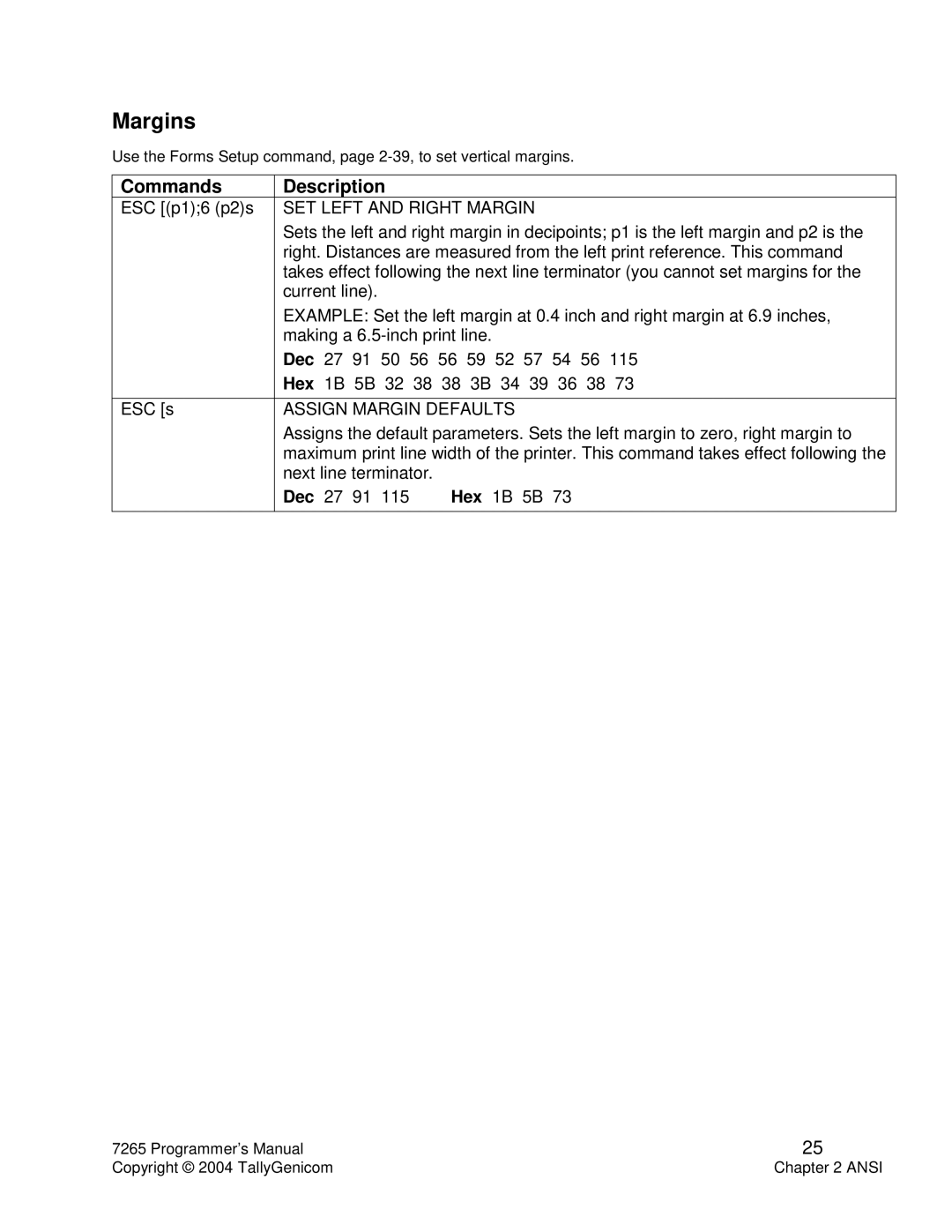 Tally Genicom Matrix Printer manual Margins, SET Left and Right Margin, Assign Margin Defaults 