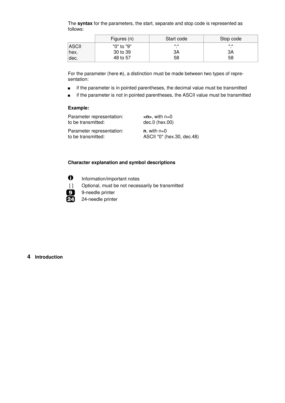 Tally Genicom Matrix Printer manual Figures n Start code Stop code, Character explanation and symbol descriptions 