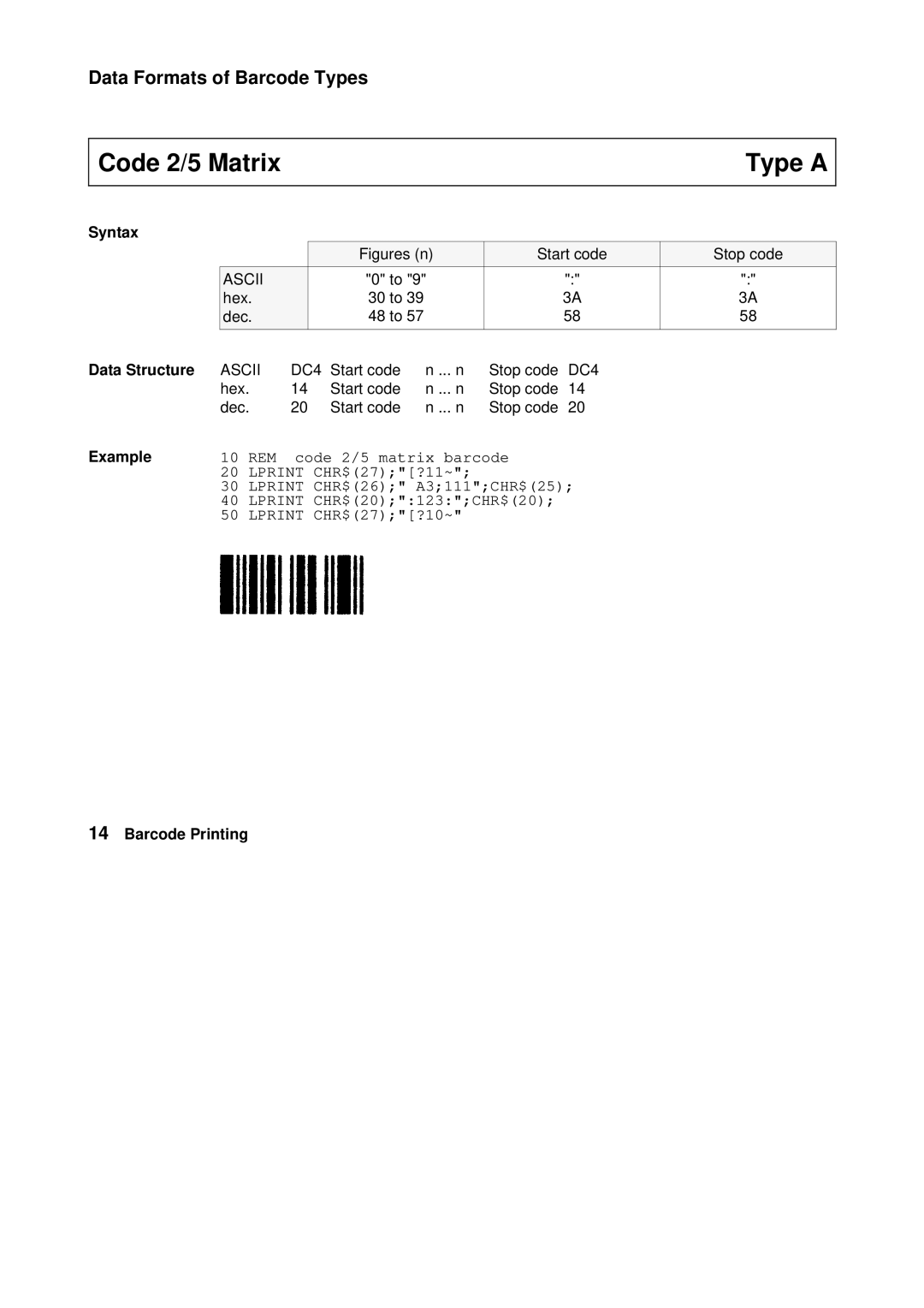 Tally Genicom Matrix Printer manual Code 2/5 Matrix Type a, Syntax 