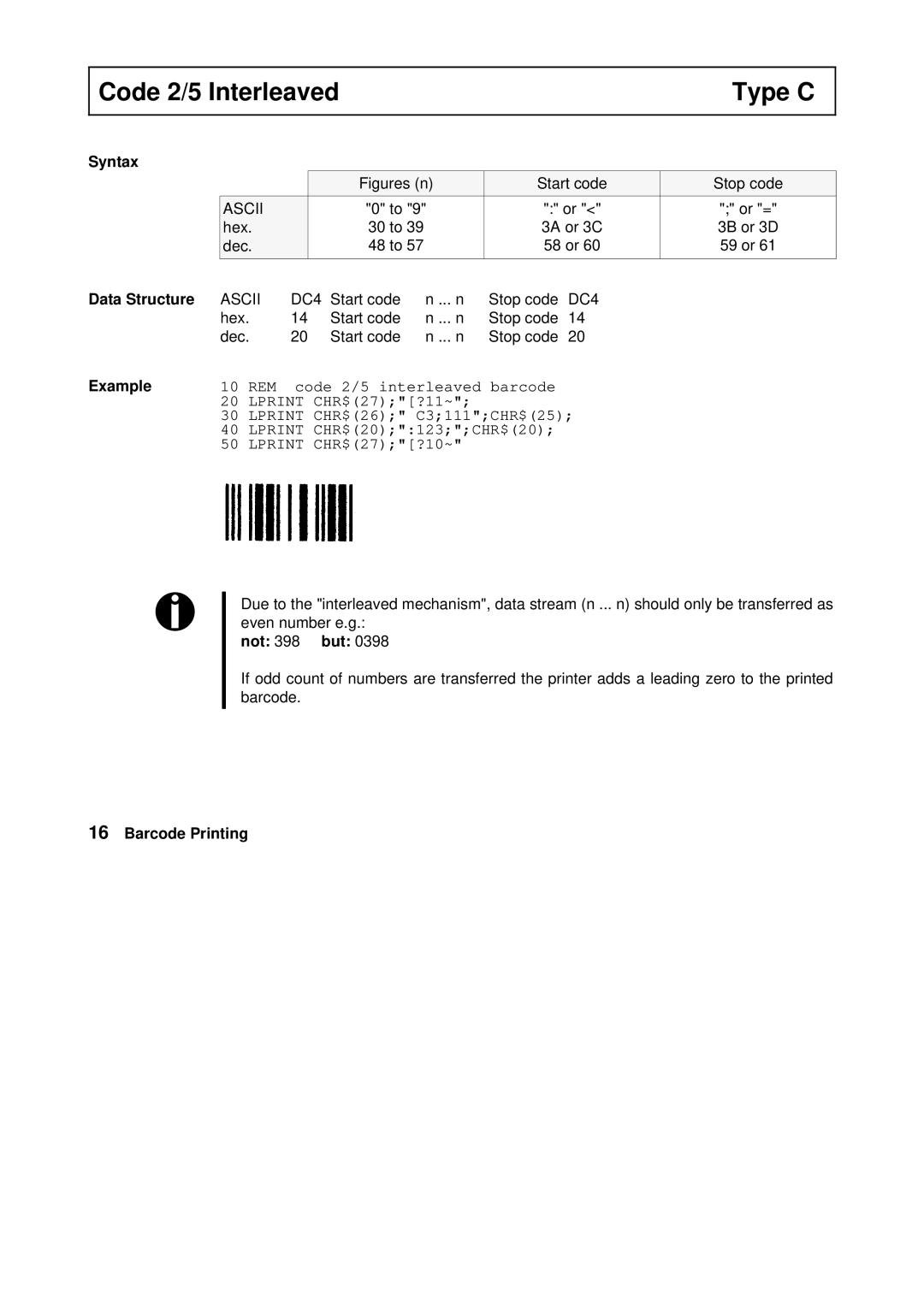 Tally Genicom Matrix Printer manual Code 2/5 Interleaved Type C, Not 398 but 