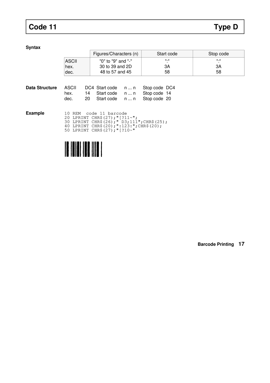 Tally Genicom Matrix Printer manual Code Type D, Figures/Characters n Start code Stop code 