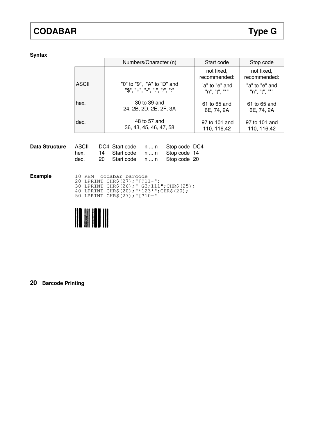 Tally Genicom Matrix Printer manual Codabar, Type G 