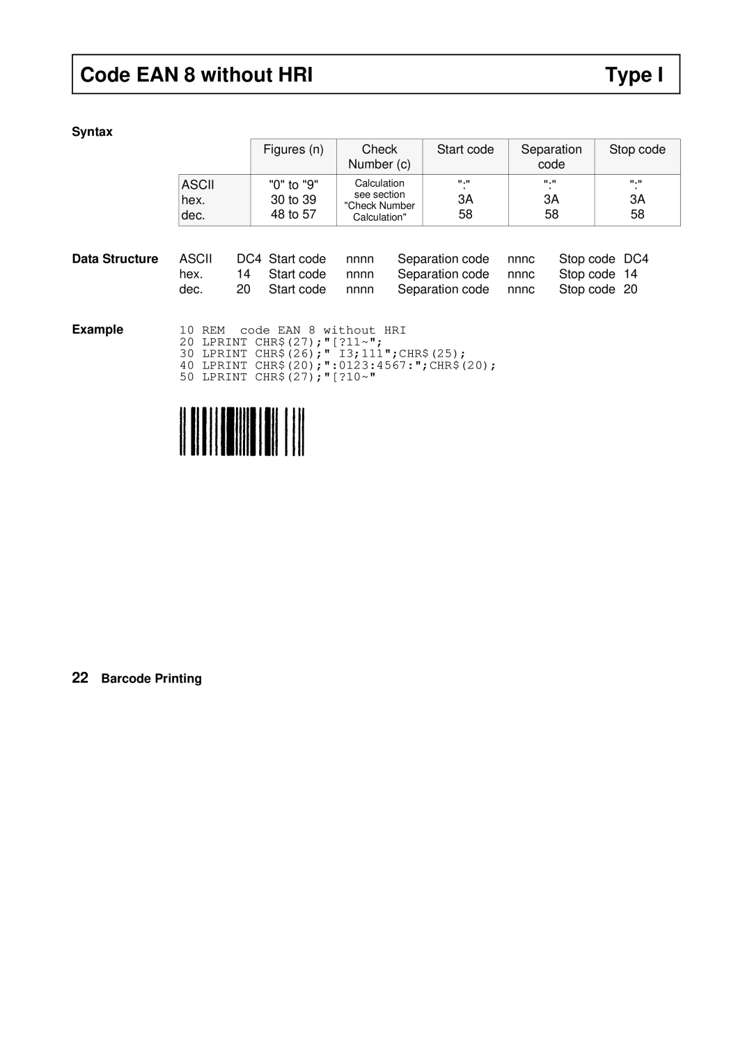 Tally Genicom Matrix Printer manual Code EAN 8 without HRI Type 