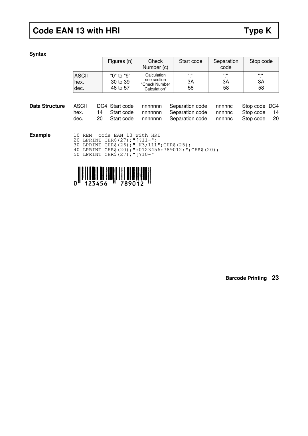 Tally Genicom Matrix Printer Code EAN 13 with HRI Type K, Hex Start code Nnnnnnn Separation code Nnnnnc Stop code Dec 