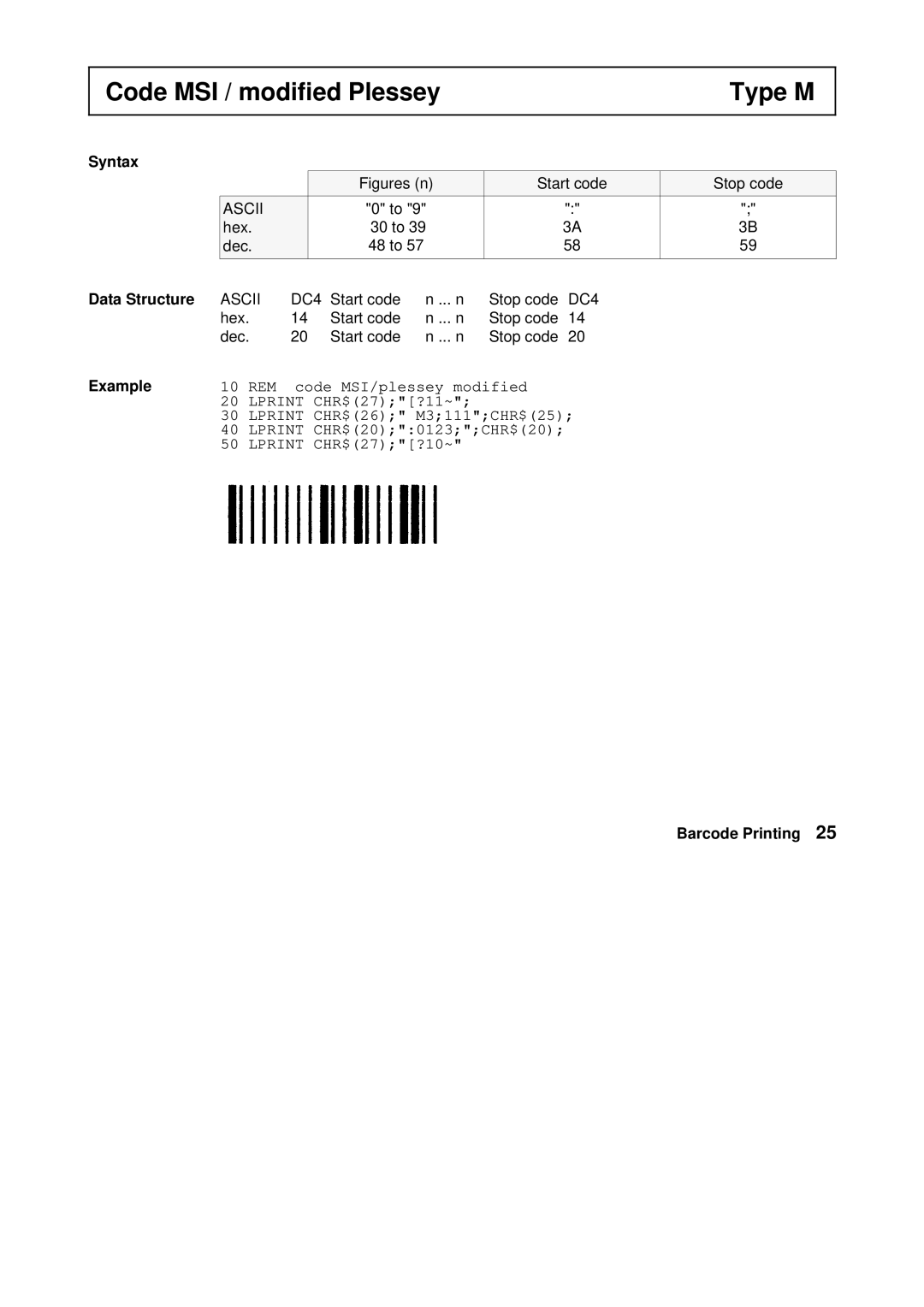 Tally Genicom Matrix Printer manual Code MSI / modified Plessey Type M, Figures n Start code Stop code 