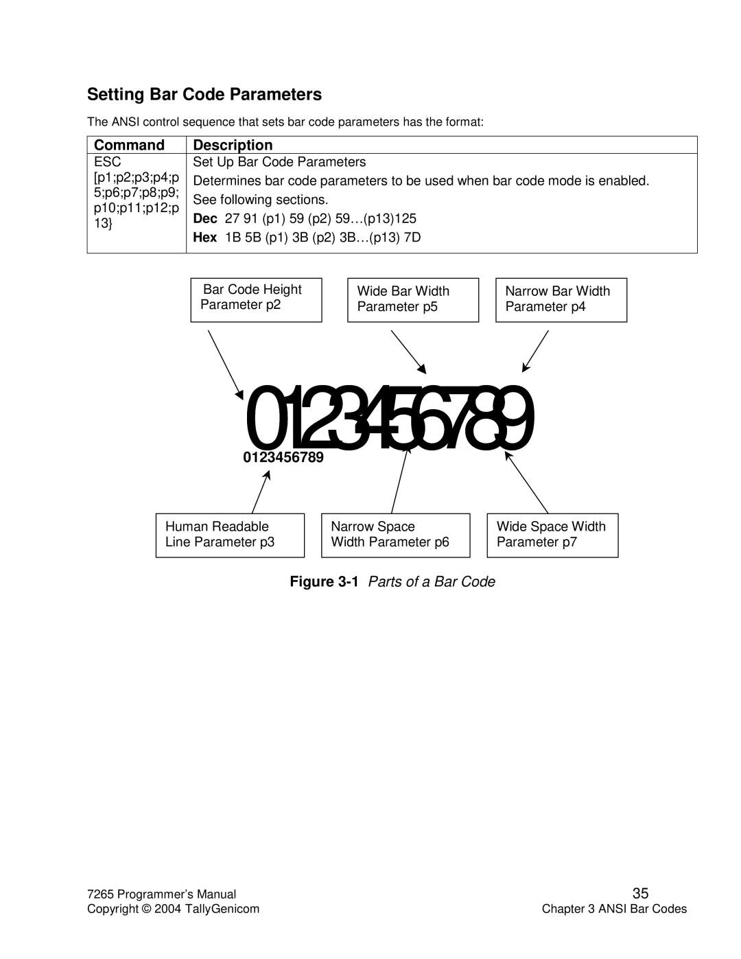 Tally Genicom Matrix Printer manual 0123456789, Setting Bar Code Parameters 