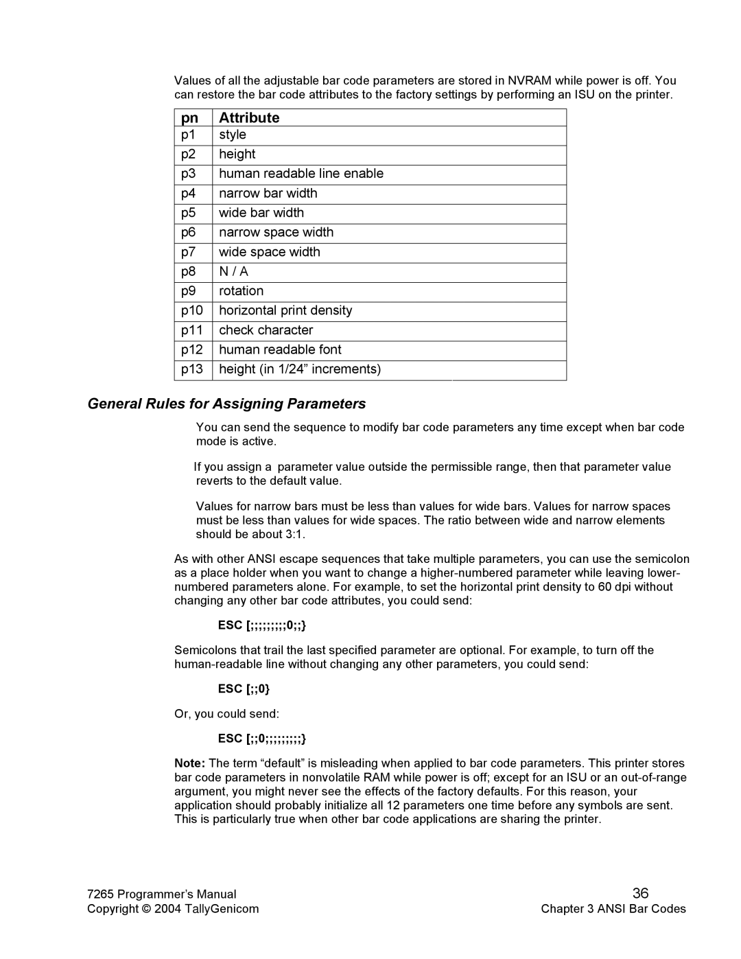 Tally Genicom Matrix Printer manual General Rules for Assigning Parameters 