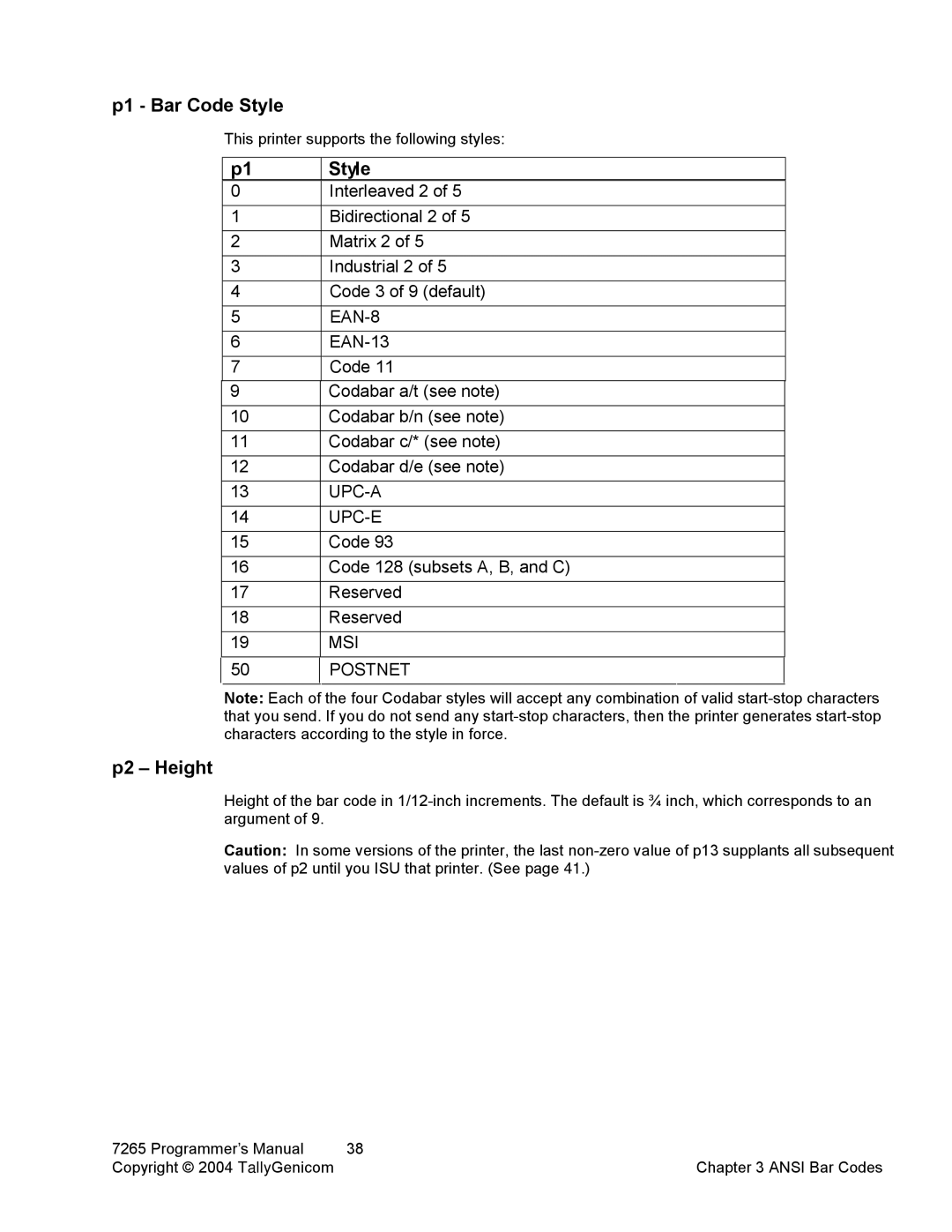 Tally Genicom Matrix Printer manual Upc-A, Upc-E, Msi, Postnet 