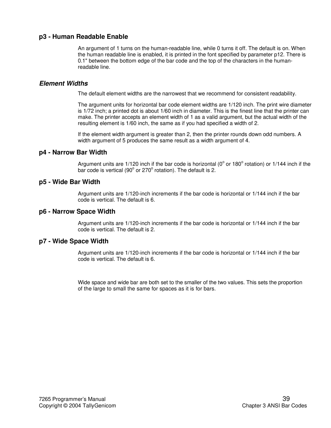 Tally Genicom Matrix Printer manual Element Widths 