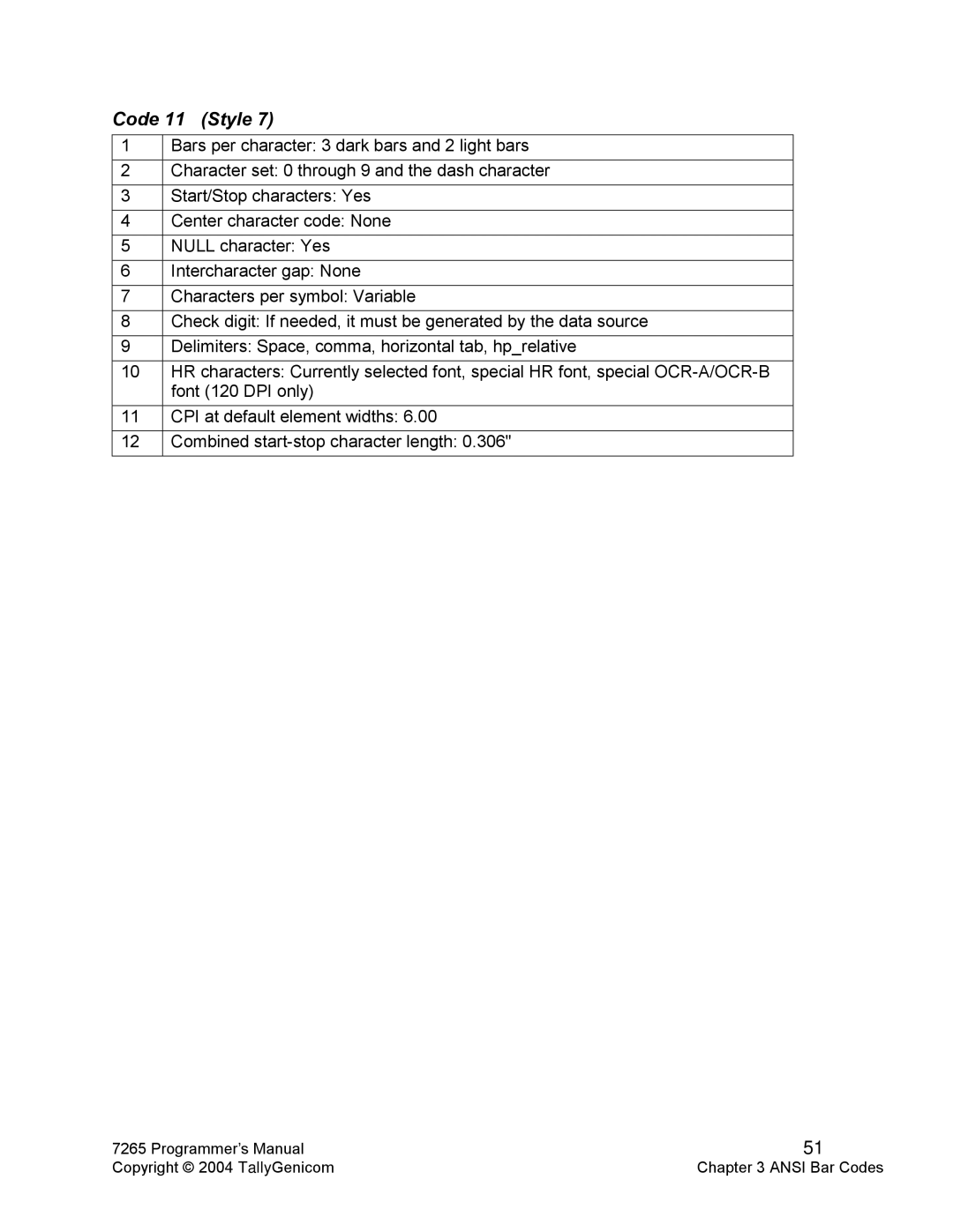 Tally Genicom Matrix Printer manual Code 11 Style 