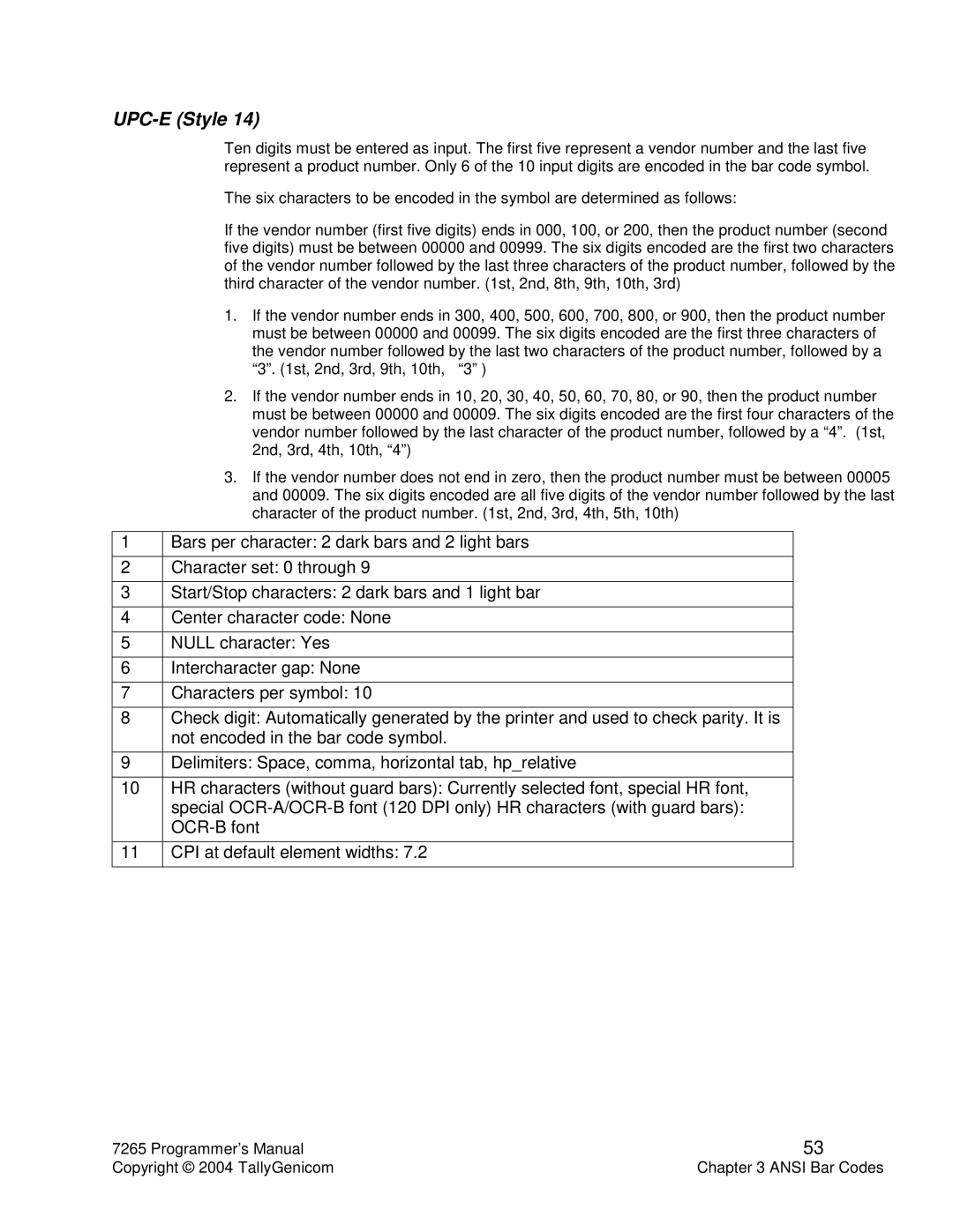 Tally Genicom Matrix Printer manual UPC-E Style 