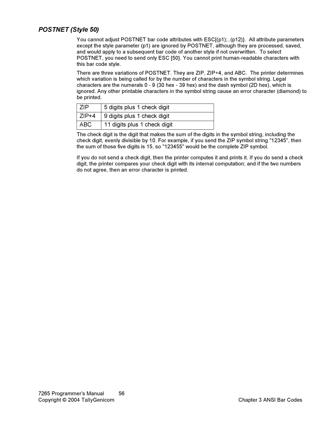 Tally Genicom Matrix Printer manual Zip, ZIP+4, Abc 