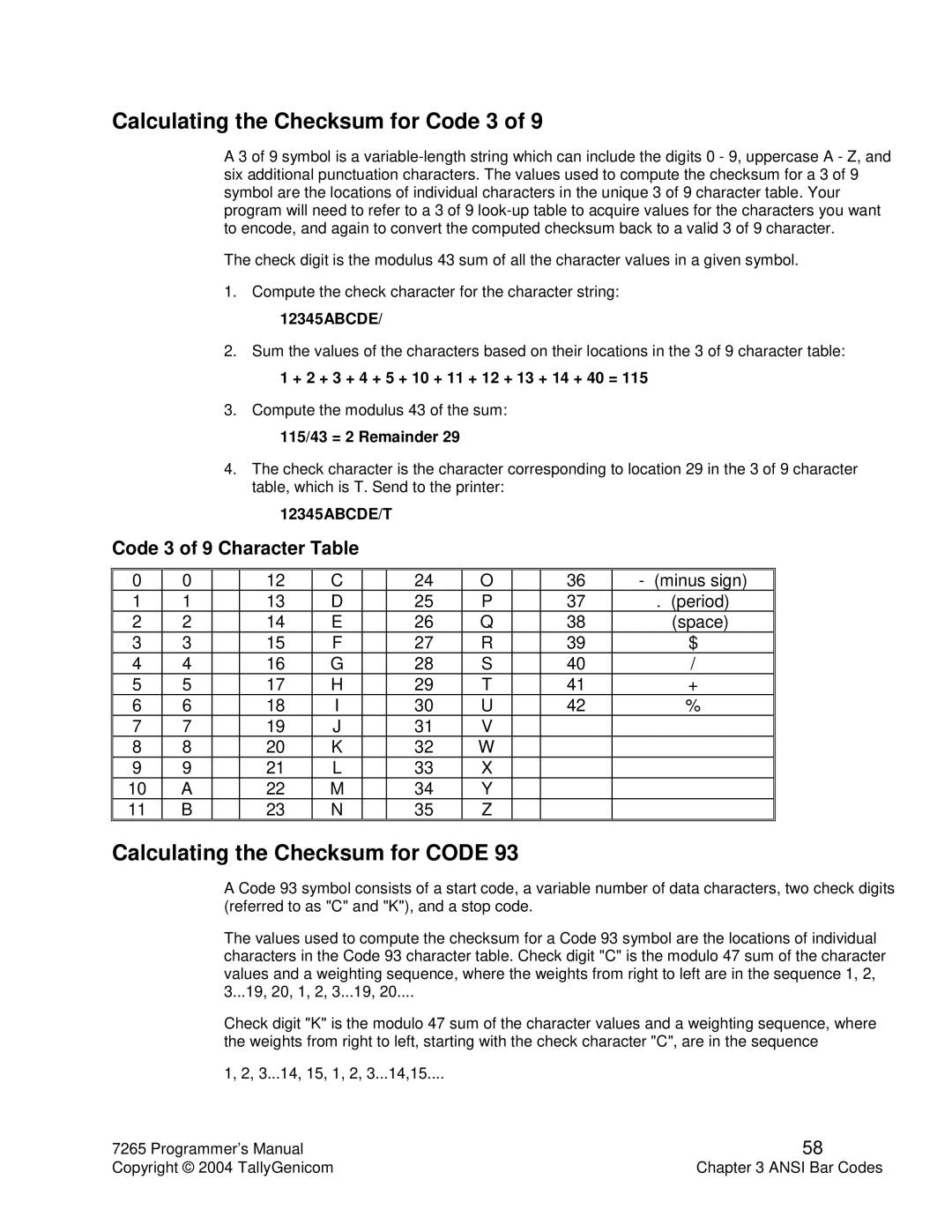 Tally Genicom Matrix Printer manual Calculating the Checksum for Code 3 