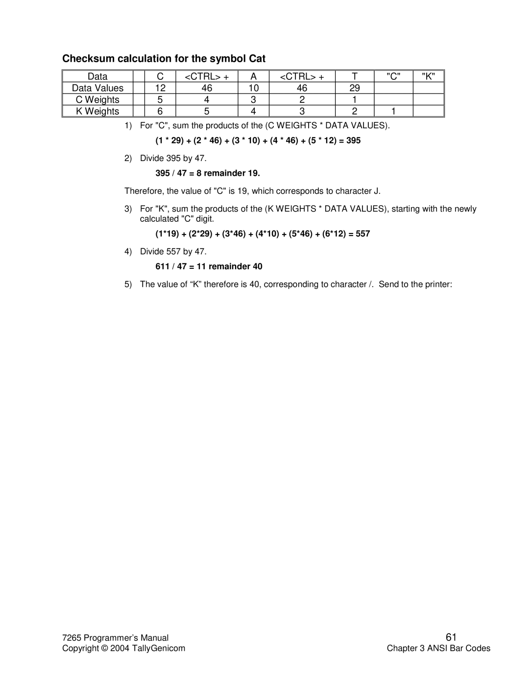 Tally Genicom Matrix Printer manual Checksum calculation for the symbol Cat 