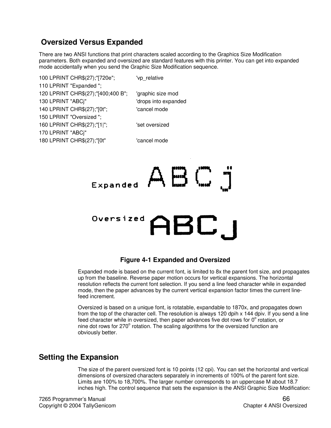 Tally Genicom Matrix Printer manual Oversized Versus Expanded, Setting the Expansion 