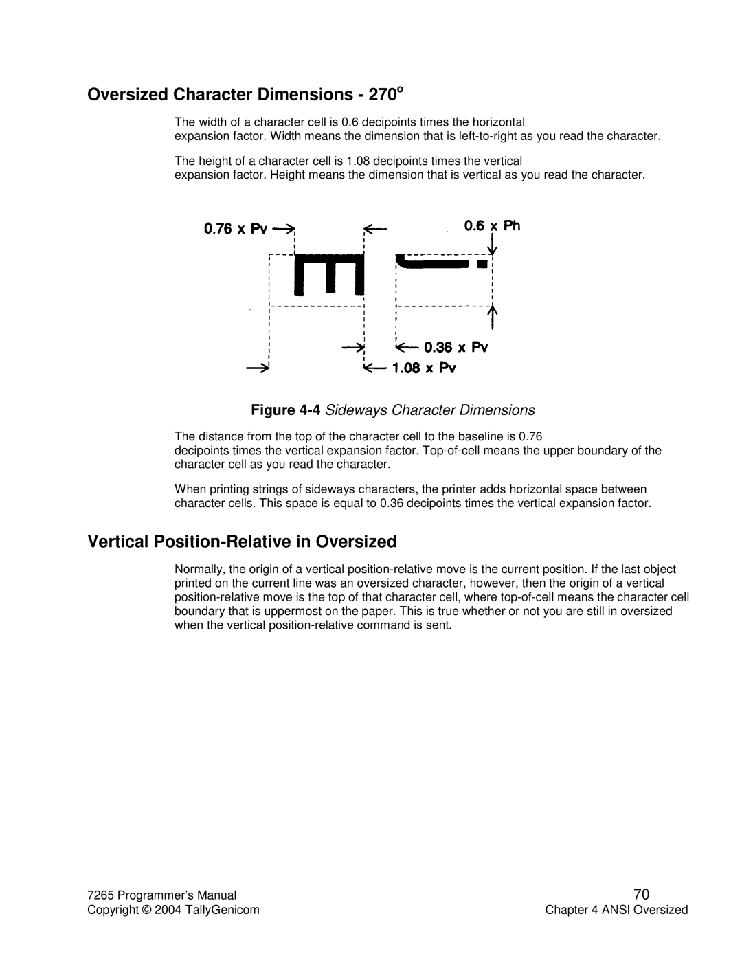 Tally Genicom Matrix Printer manual Oversized Character Dimensions 270o, Vertical Position-Relative in Oversized 