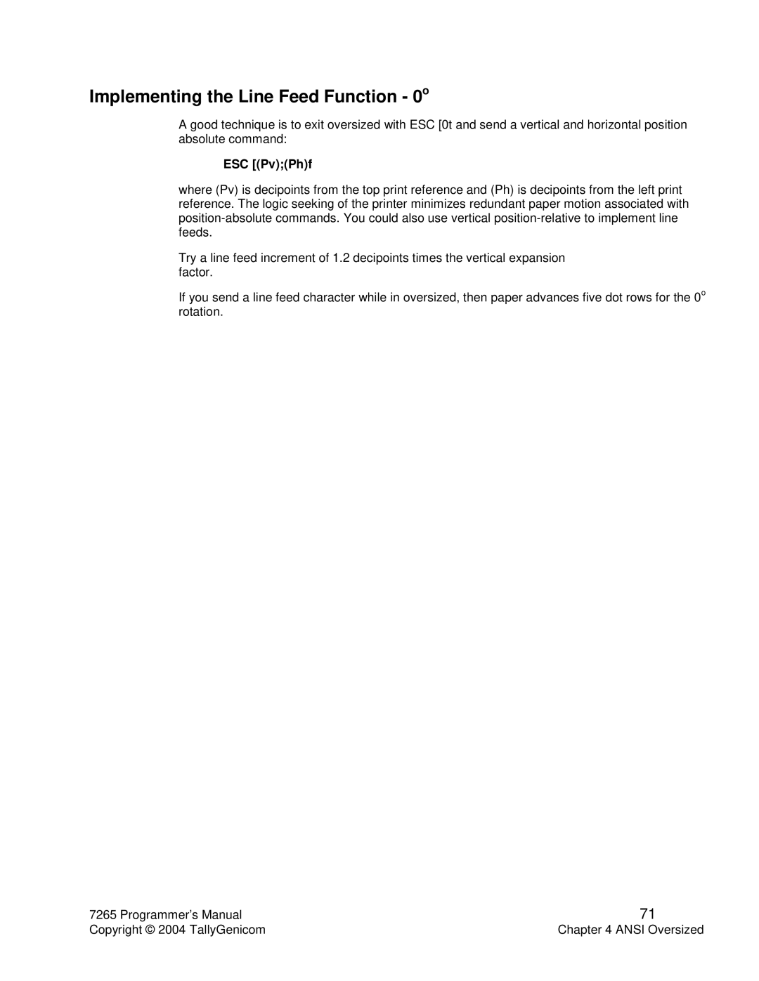 Tally Genicom Matrix Printer manual Implementing the Line Feed Function 0o, ESC PvPhf 