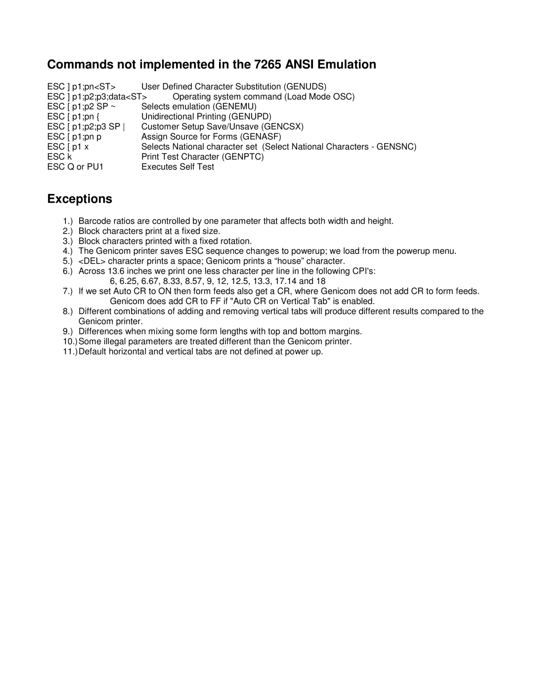 Tally Genicom Matrix Printer manual Commands not implemented in the 7265 Ansi Emulation 