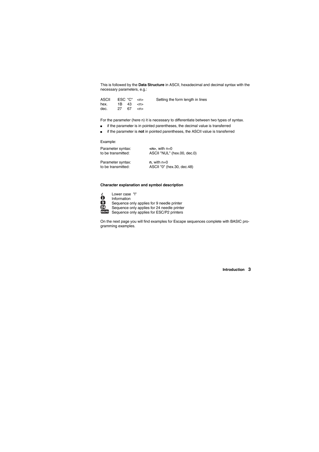 Tally Genicom Matrix Printer manual Ascii ESC C, Character explanation and symbol description 