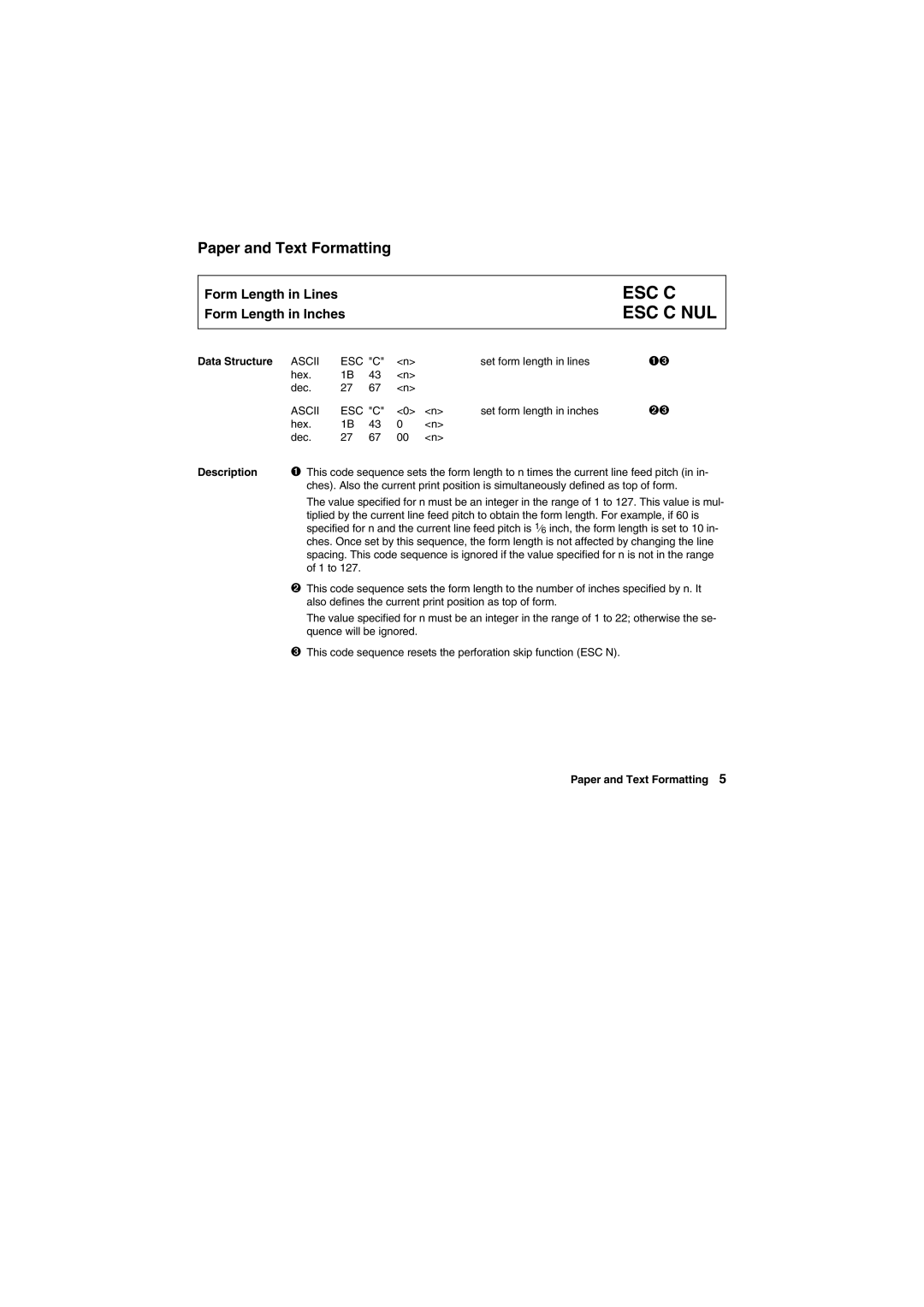 Tally Genicom Matrix Printer manual Esc C Esc C Nul, Data Structure Ascii, Paper and Text Formatting 