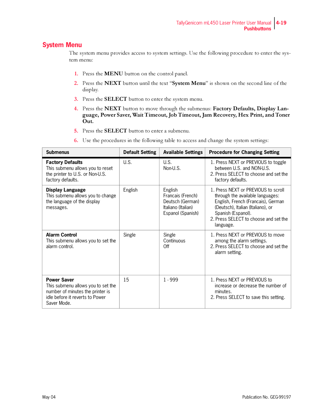 Tally Genicom mL450 user manual System Menu, Display Language, Alarm Control, Power Saver 