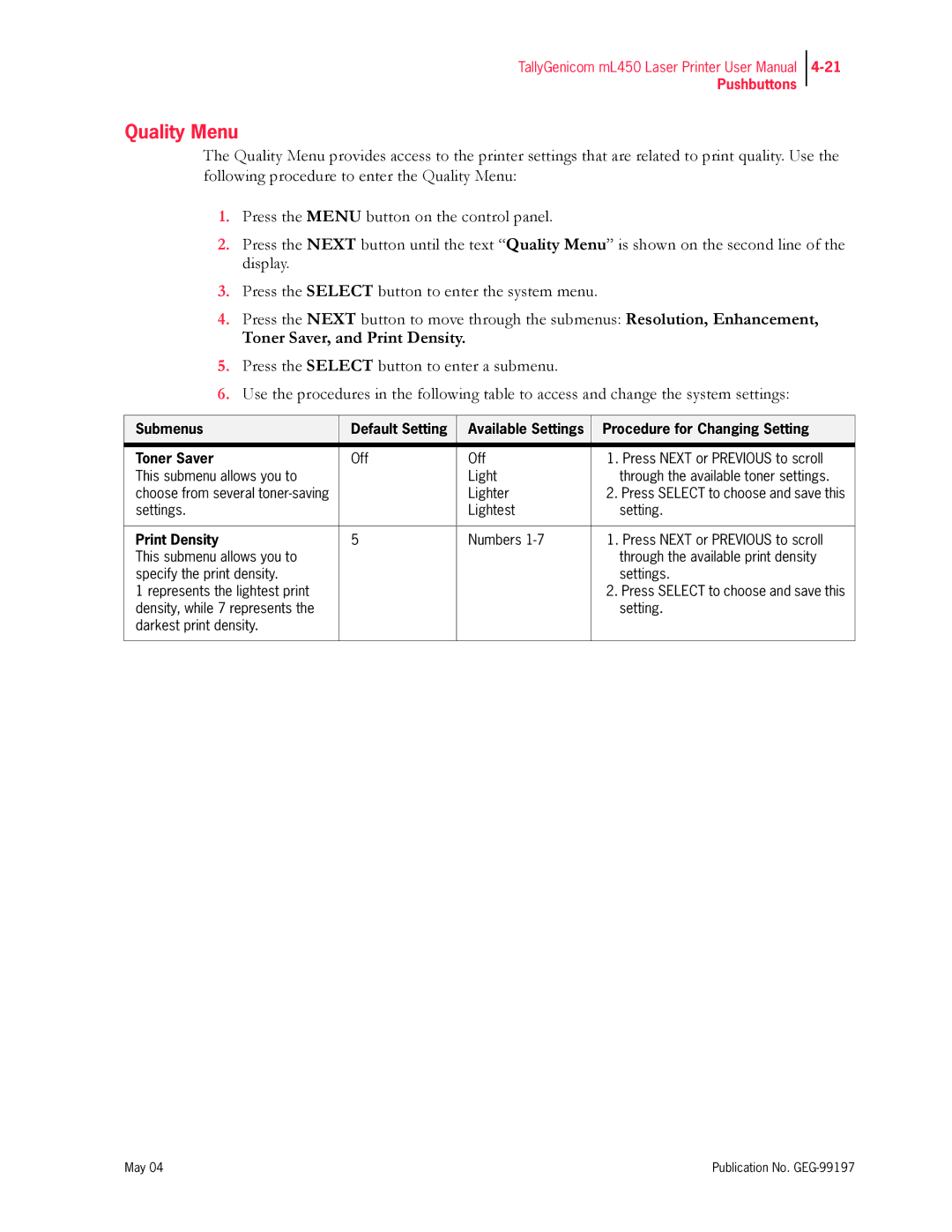 Tally Genicom mL450 user manual Quality Menu, Print Density 