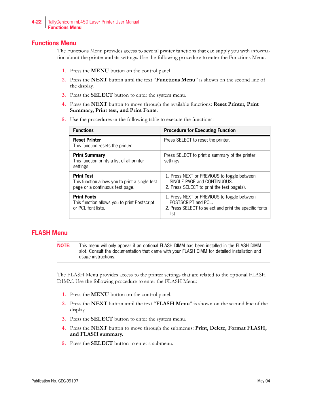 Tally Genicom mL450 user manual Functions Menu, Flash Menu 