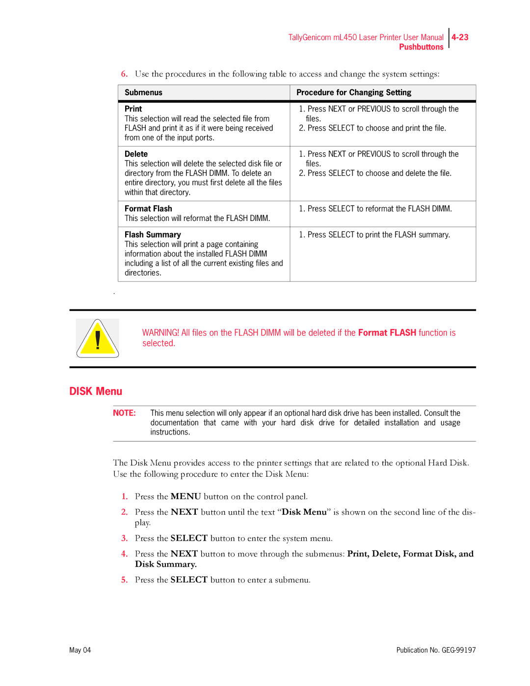 Tally Genicom mL450 user manual Disk Menu, Submenus Procedure for Changing Setting Print, Format Flash, Flash Summary 