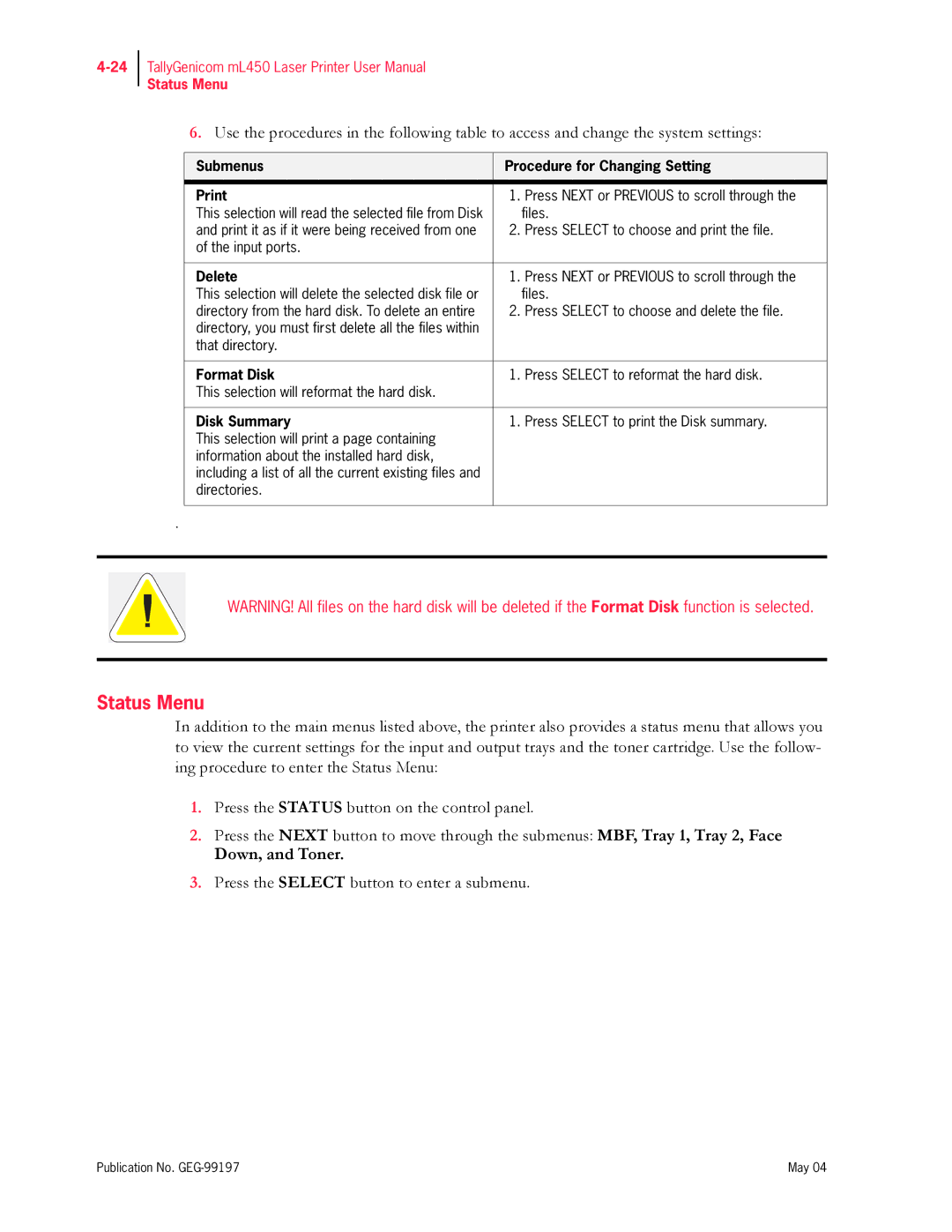 Tally Genicom mL450 user manual Status Menu, Format Disk, Disk Summary 