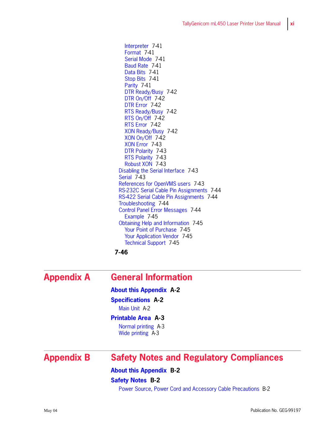 Tally Genicom mL450 user manual Appendix a General Information 