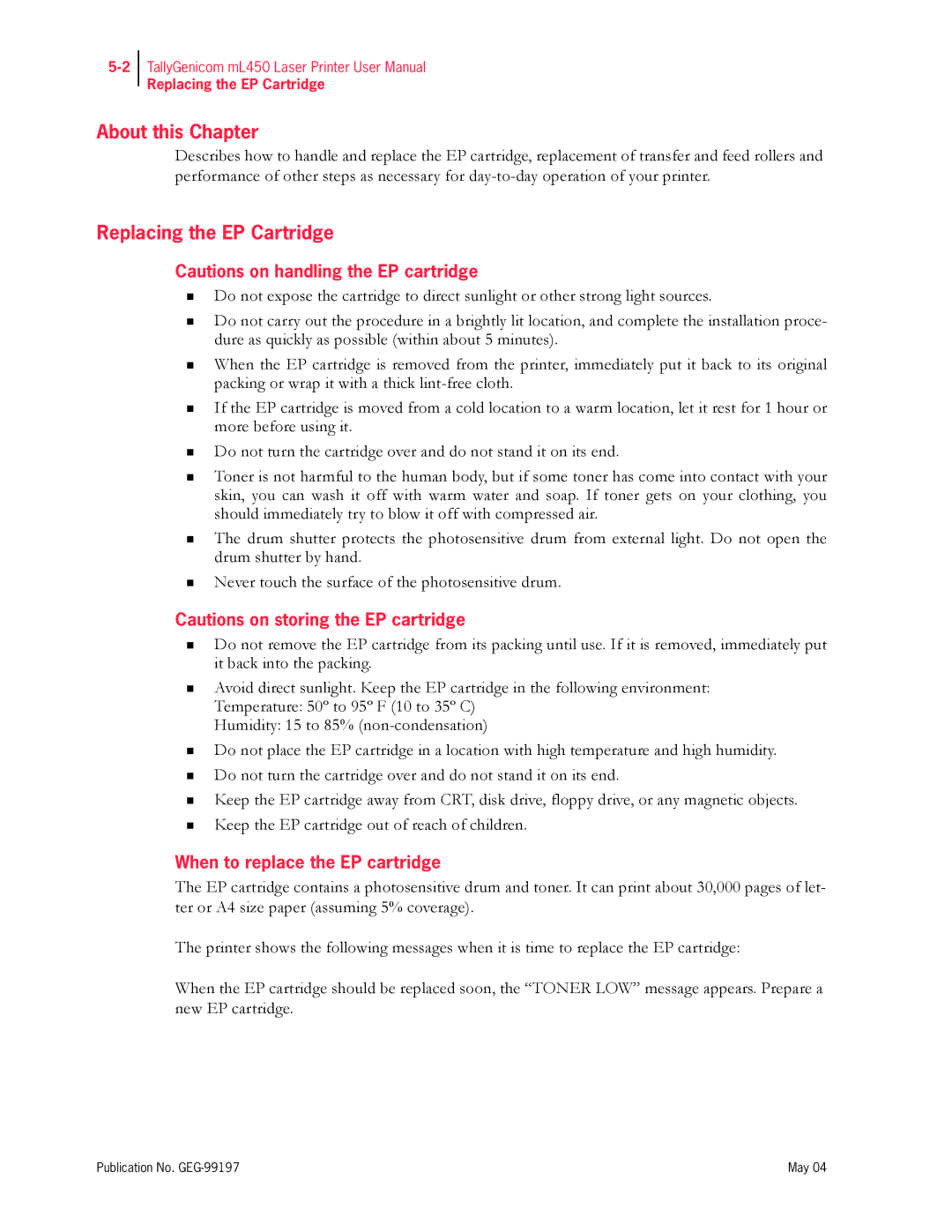 Tally Genicom mL450 user manual Replacing the EP Cartridge, When to replace the EP cartridge 