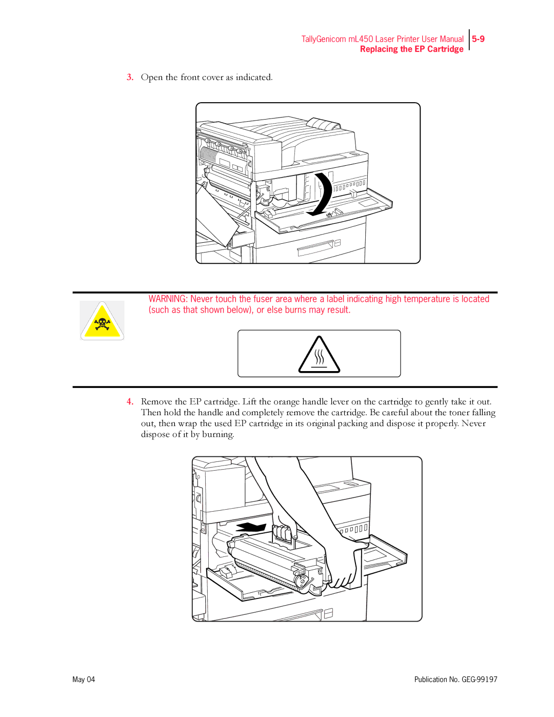 Tally Genicom mL450 user manual Replacing the EP Cartridge 