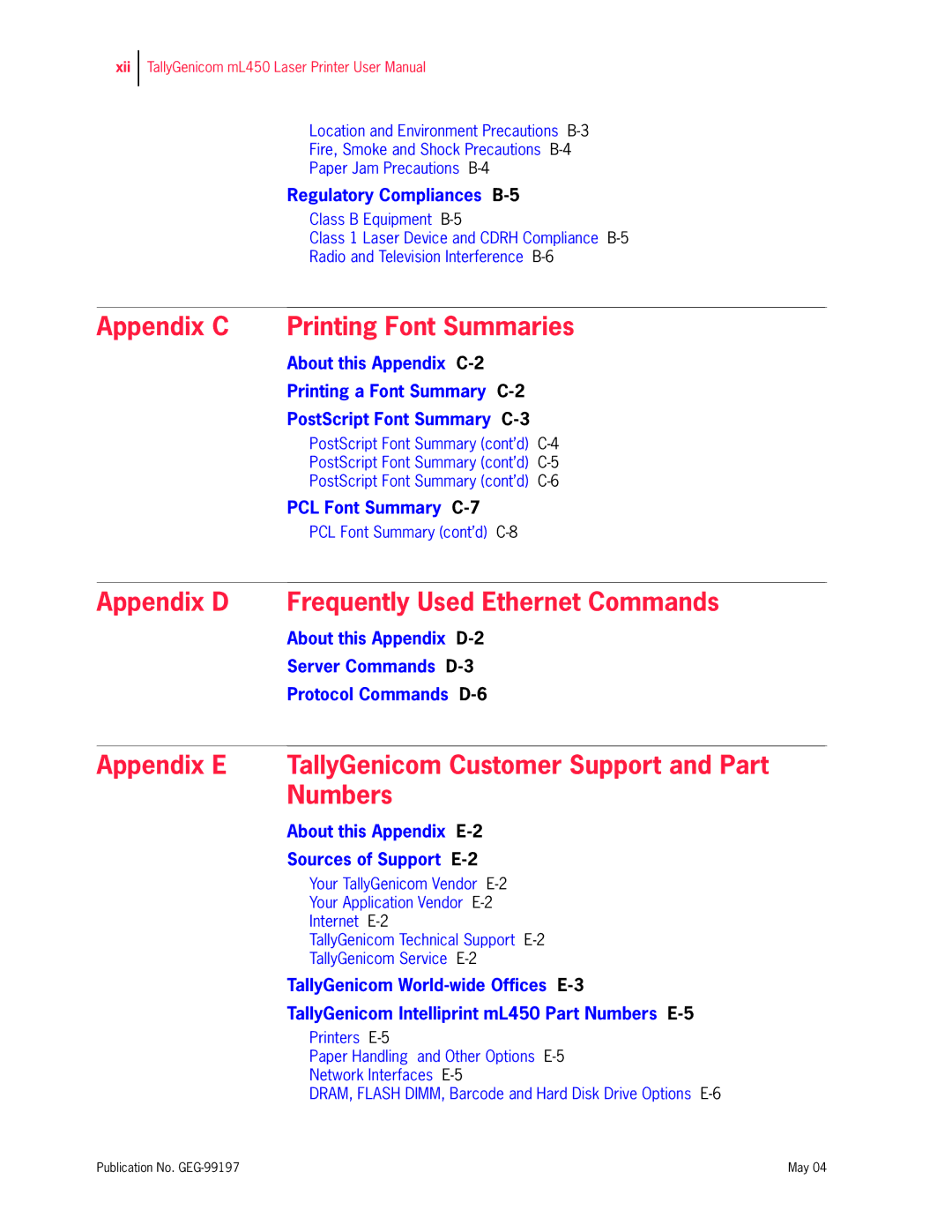 Tally Genicom mL450 user manual Appendix D Frequently Used Ethernet Commands 