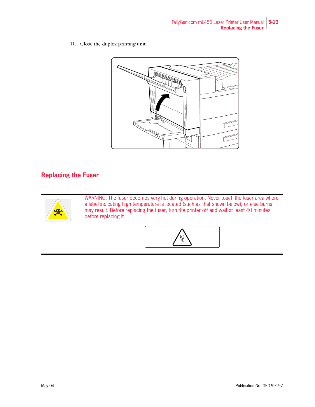 Tally Genicom mL450 user manual Replacing the Fuser 