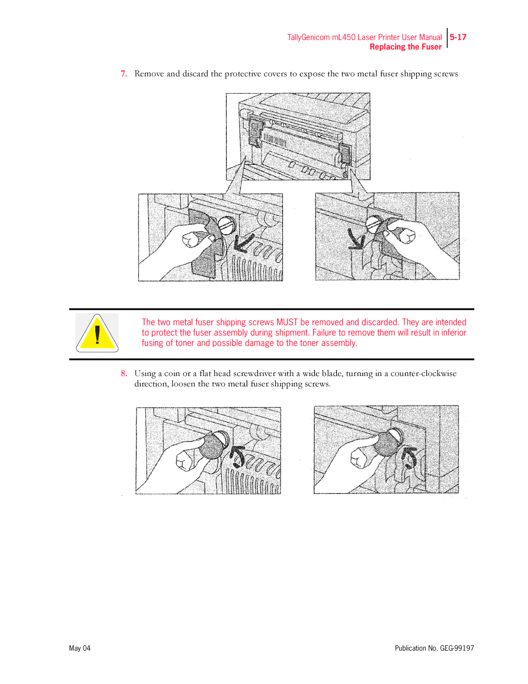 Tally Genicom mL450 user manual Replacing the Fuser 