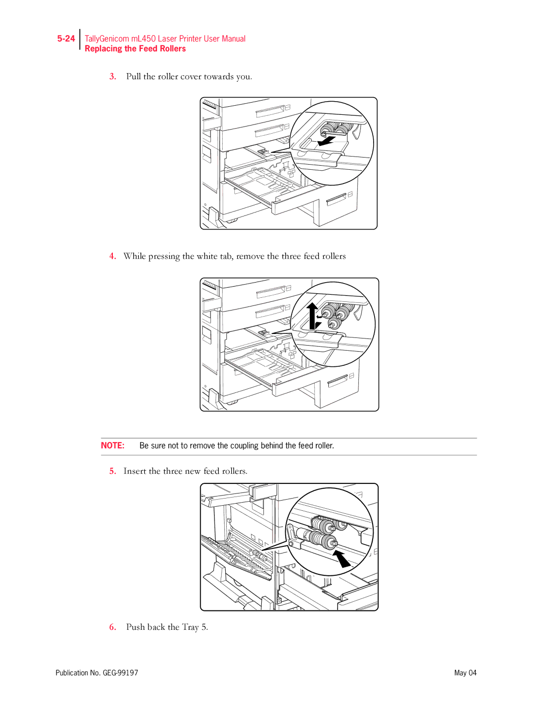 Tally Genicom mL450 user manual Replacing the Feed Rollers 