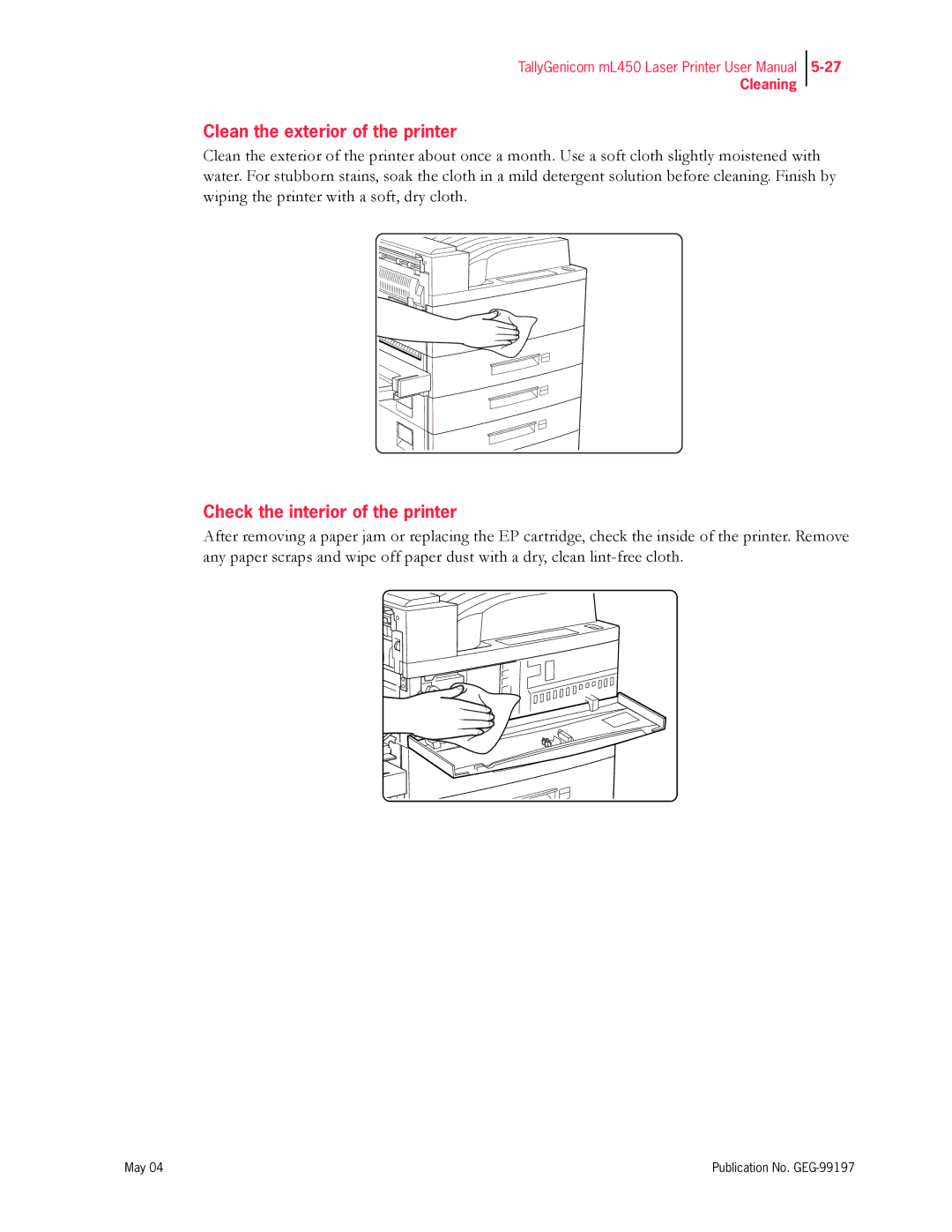 Tally Genicom mL450 user manual Clean the exterior of the printer, Check the interior of the printer 