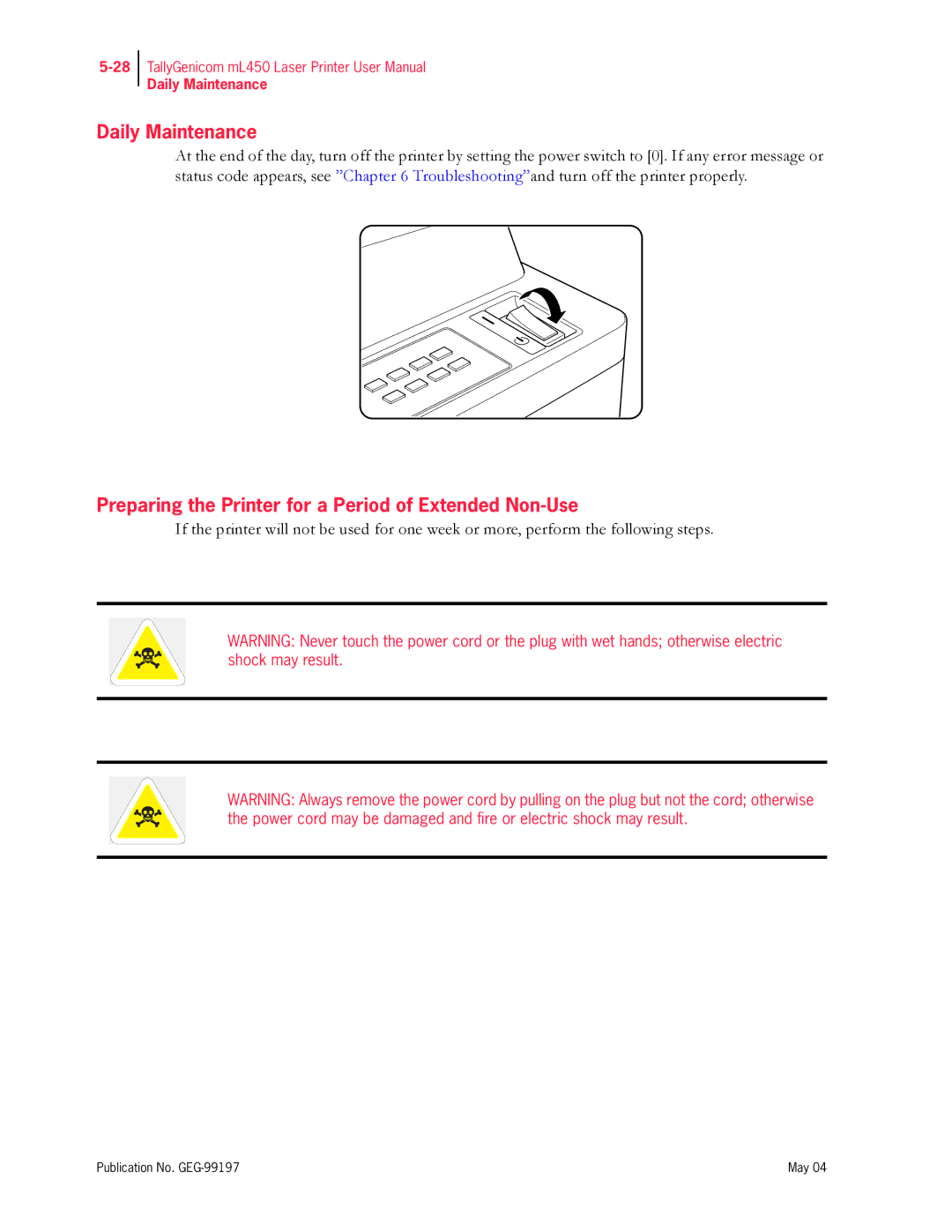 Tally Genicom mL450 user manual Daily Maintenance, Preparing the Printer for a Period of Extended Non-Use 