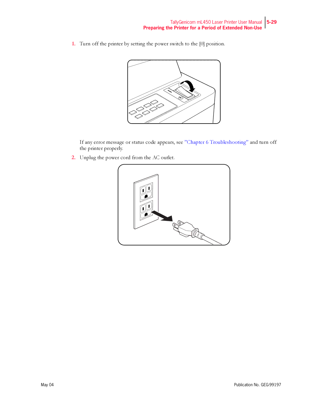 Tally Genicom mL450 user manual Preparing the Printer for a Period of Extended Non-Use 