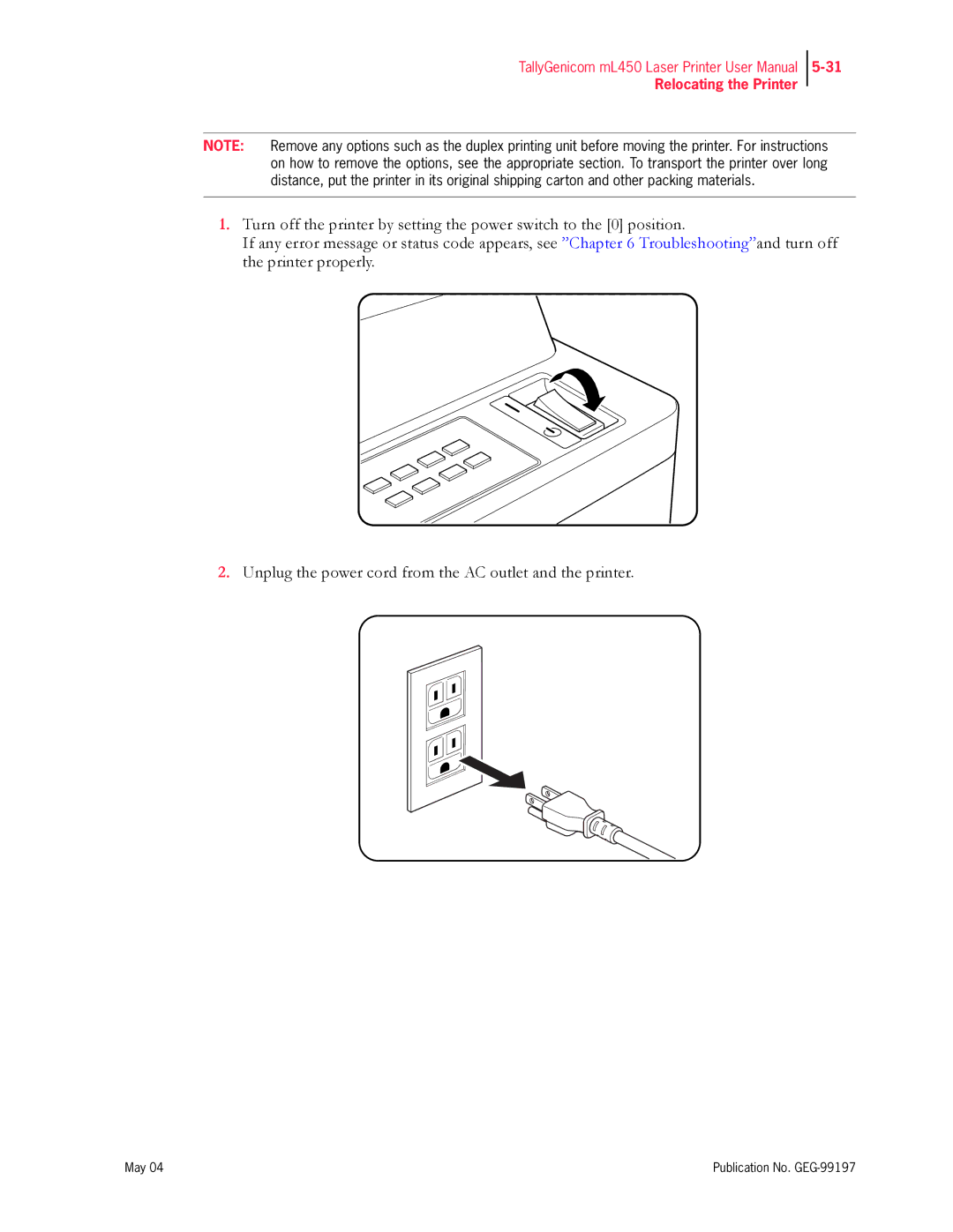 Tally Genicom mL450 user manual Relocating the Printer 